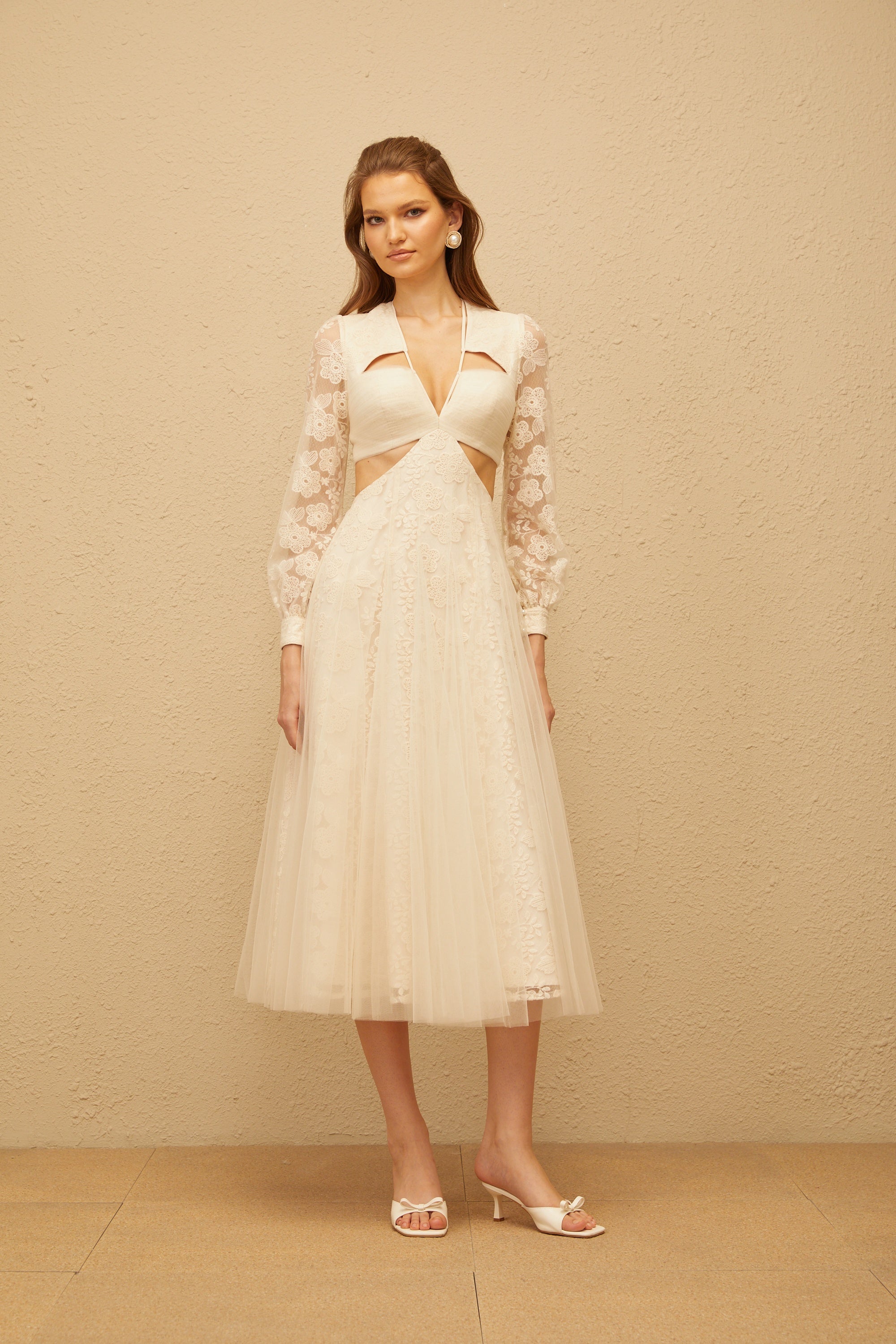 Esmé White Floral Lace Tulle Midi Dress