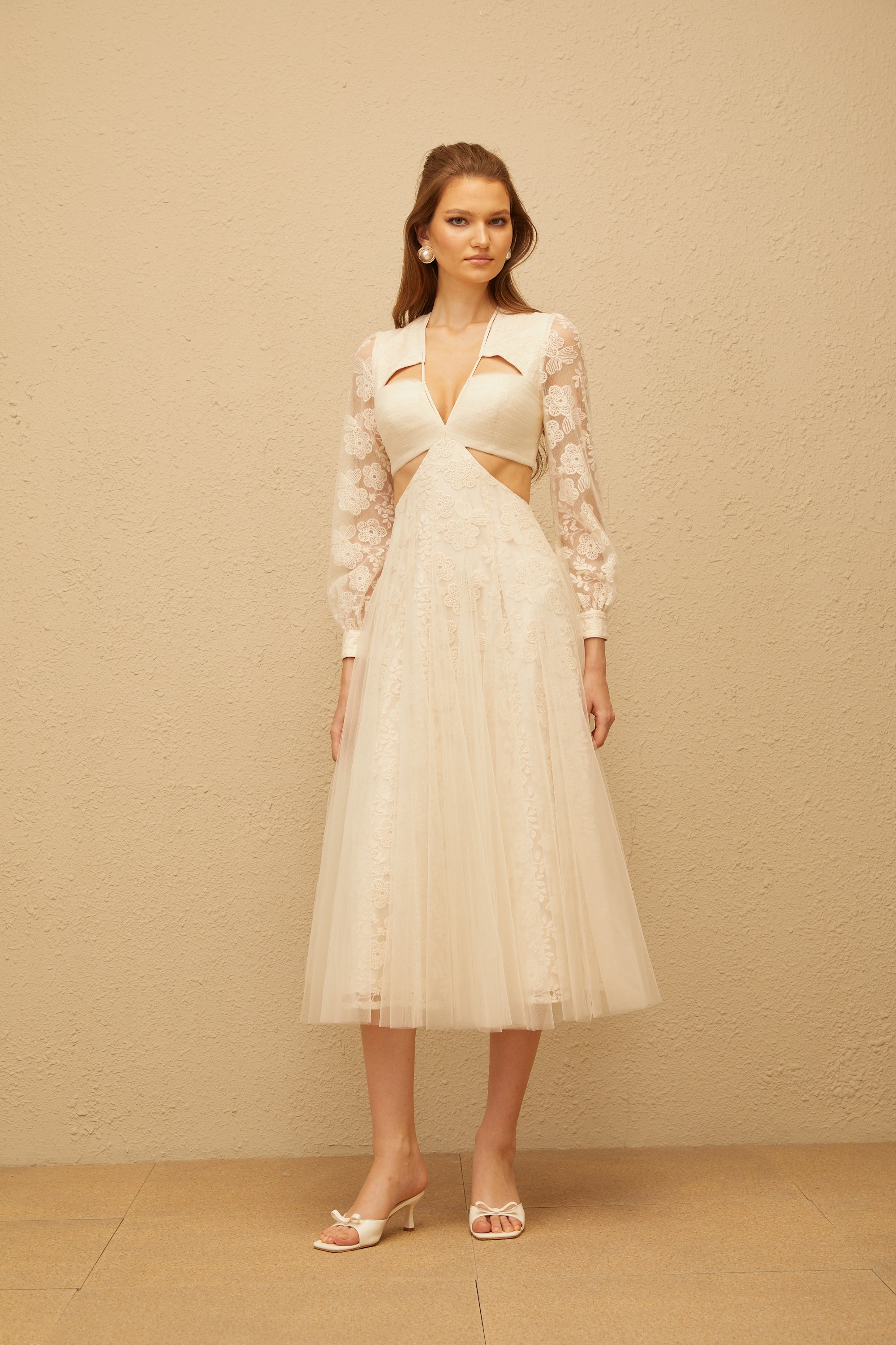 Esmé White Floral Lace Tulle Midi Dress