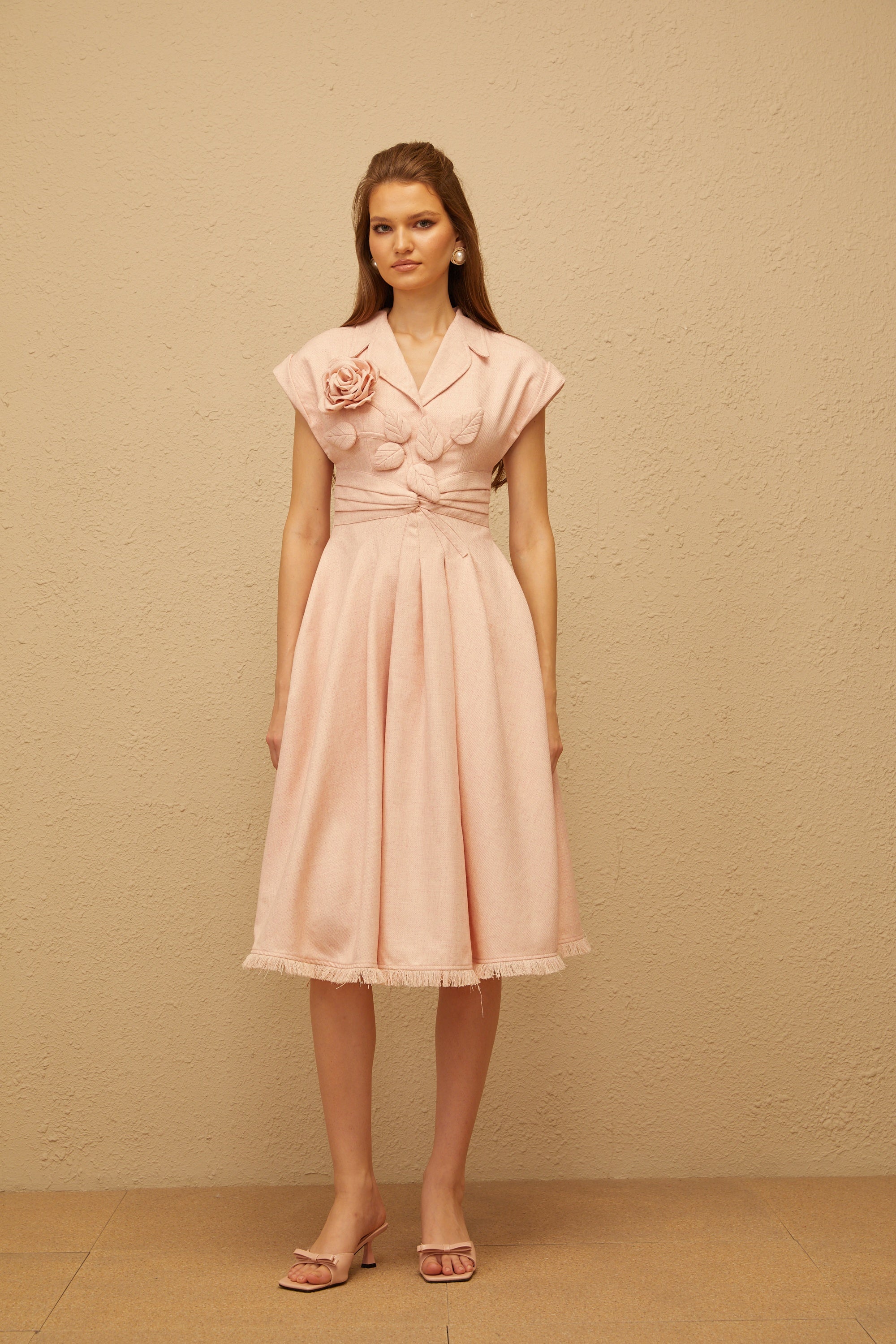 Bernadett Pink 3D Petal Pleated Midi Dress