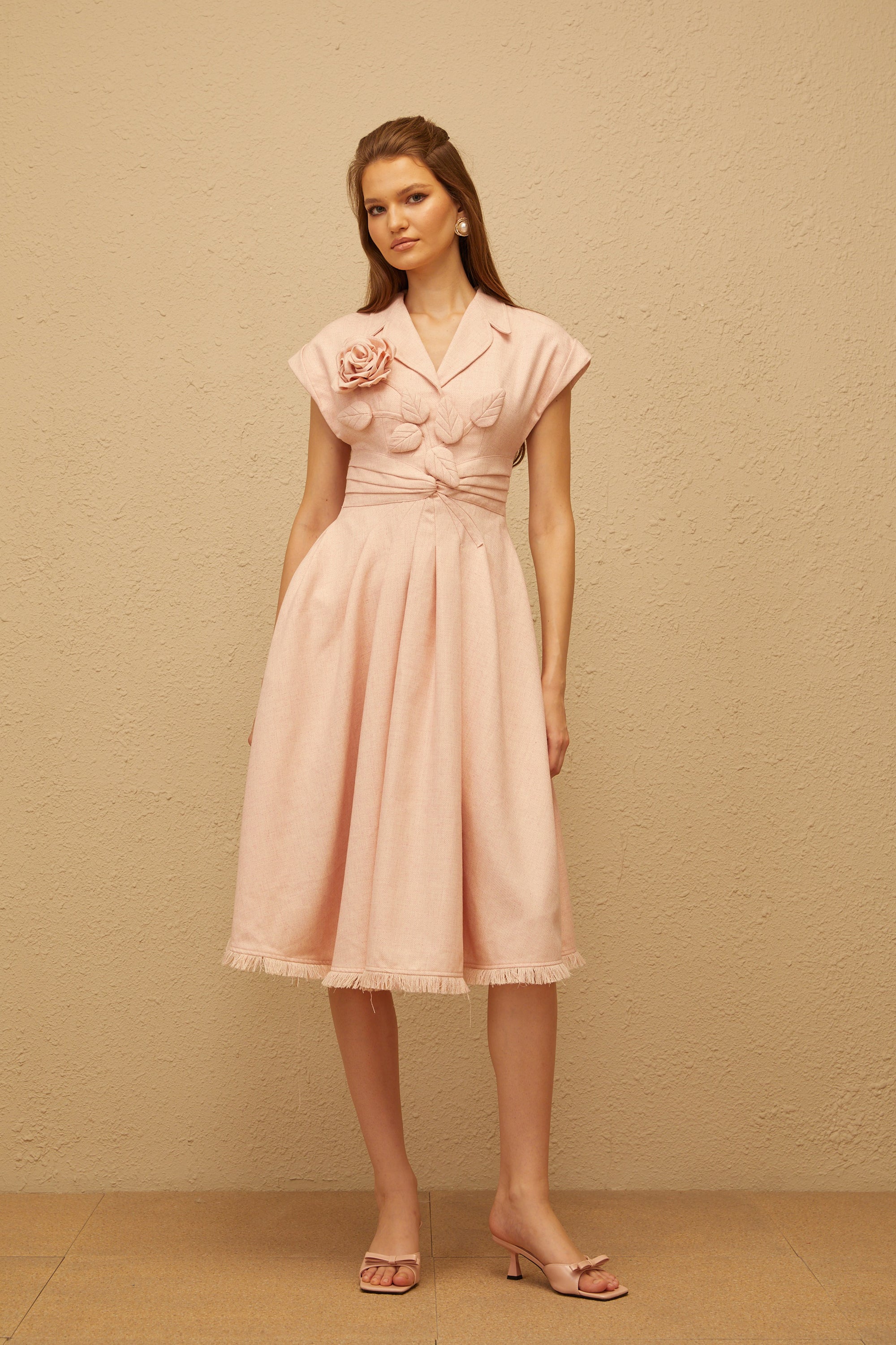 Bernadett Pink 3D Petal Pleated Midi Dress