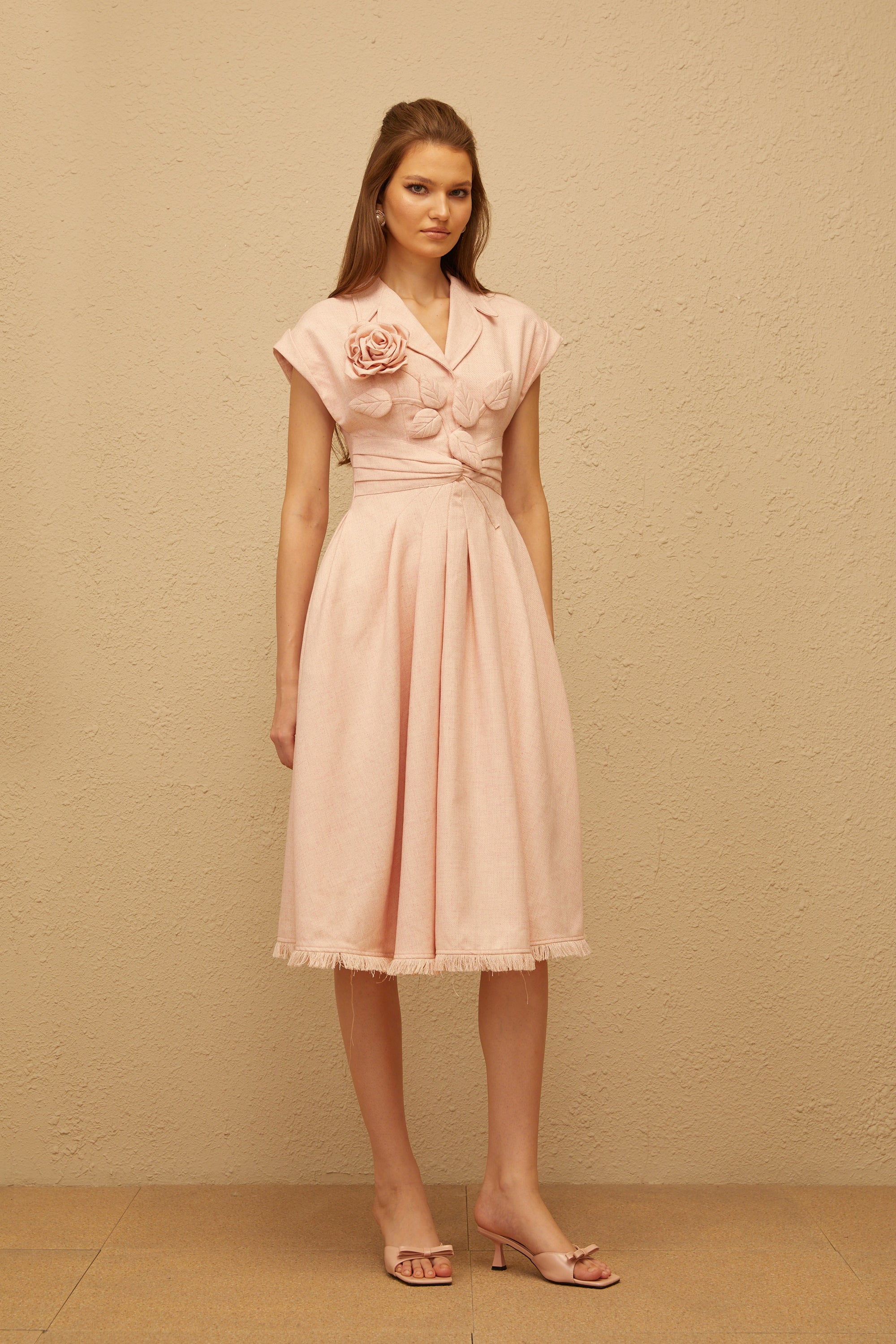 Bernadett Pink 3D Petal Pleated Midi Dress