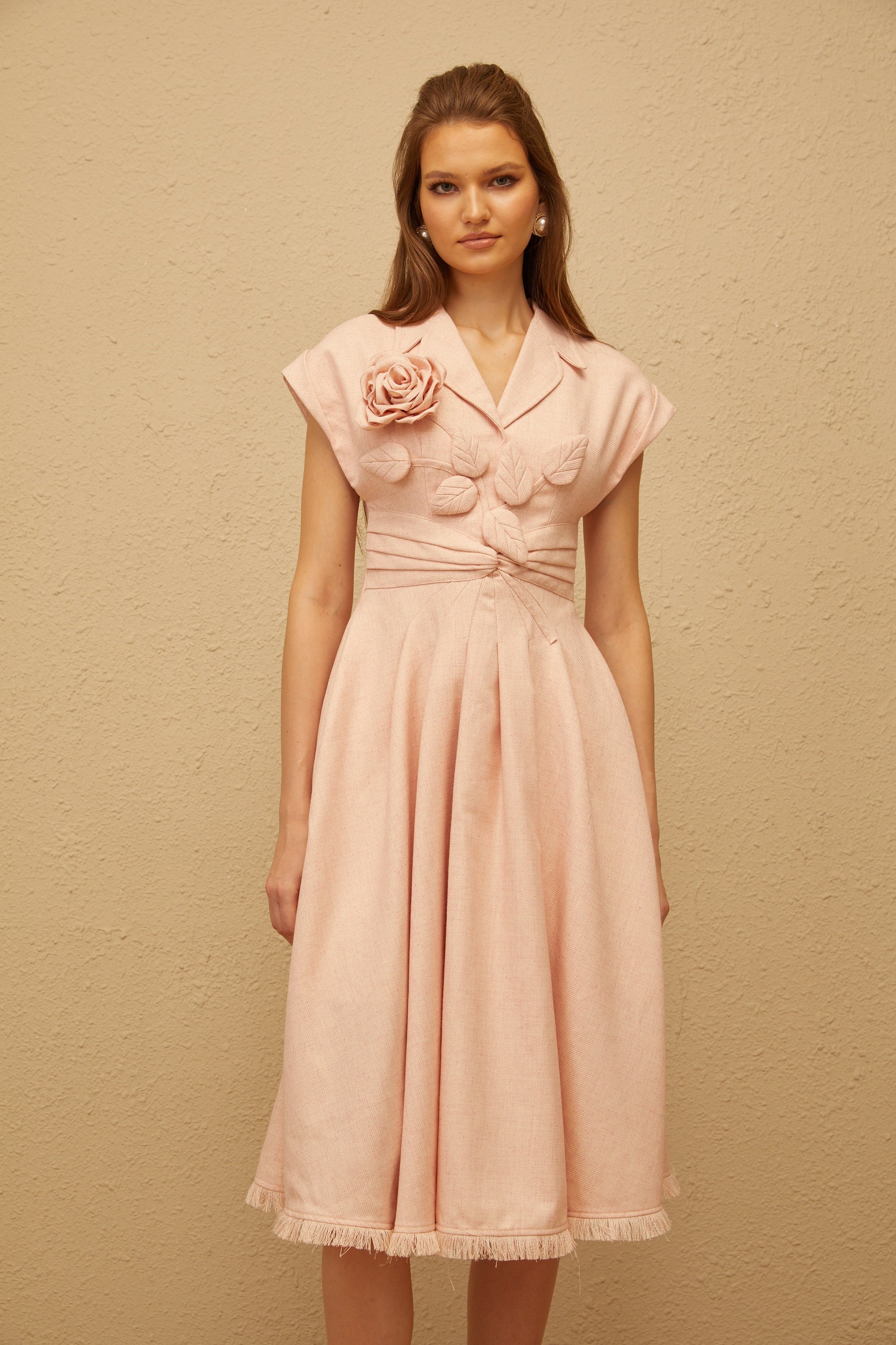 Bernadett Pink 3D Petal Pleated Midi Dress