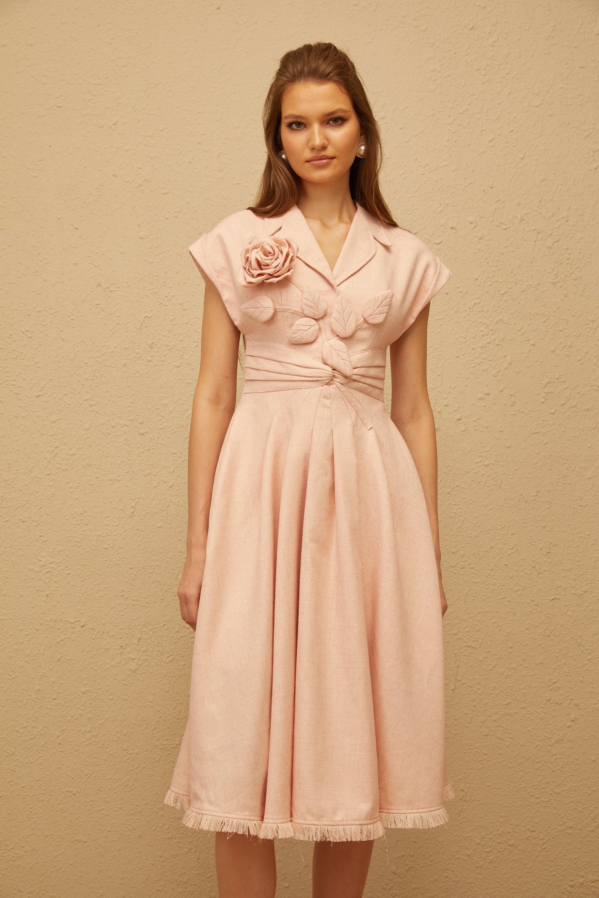 Bernadett Pink 3D Petal Pleated Midi Dress (Final Sale-US Only)