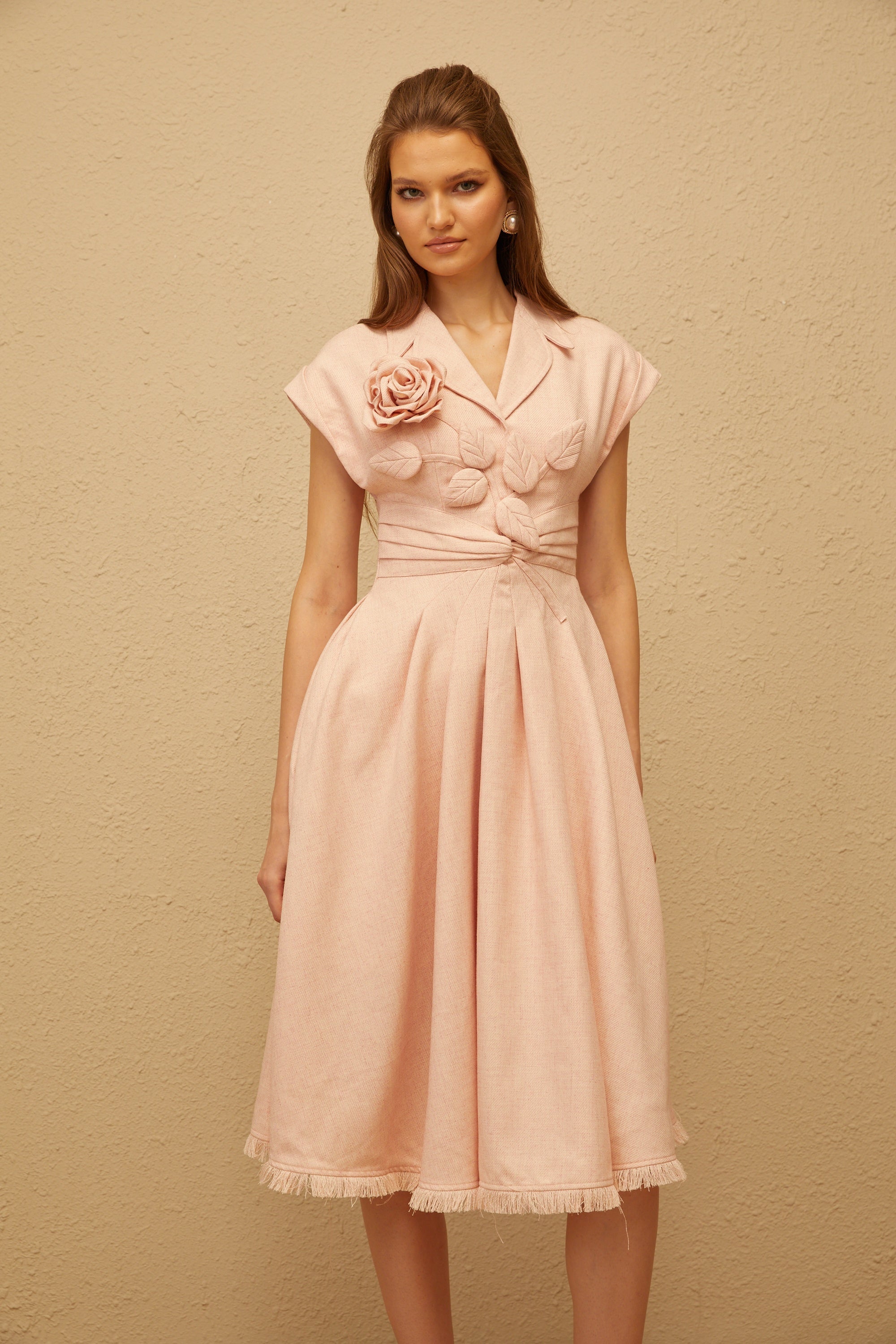 Bernadett Pink 3D Petal Pleated Midi Dress