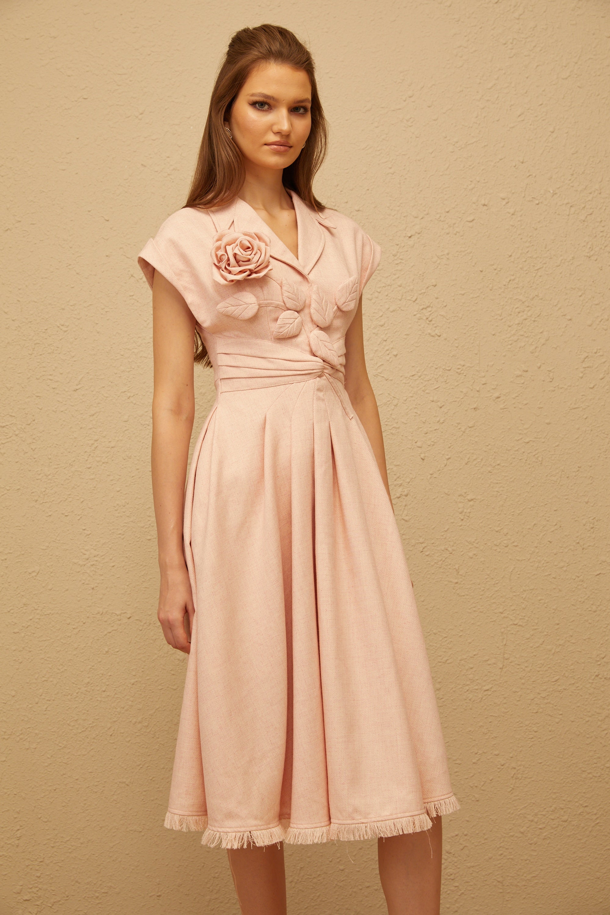 Bernadett Pink 3D Petal Pleated Midi Dress