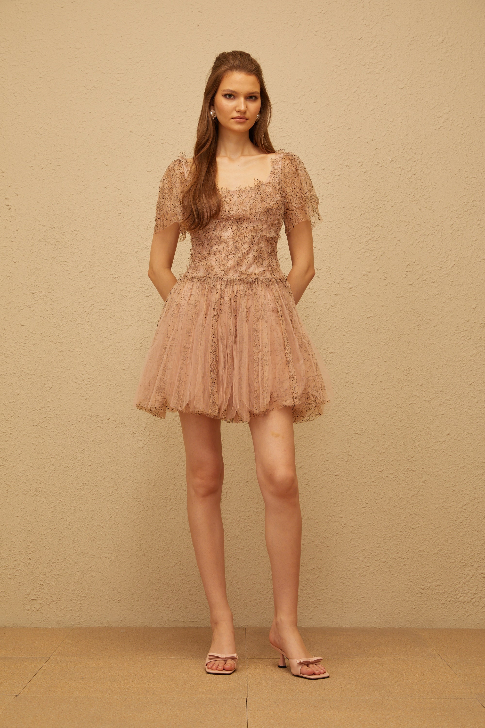 Gaëtane Brown Tulle Panel Lace Mini Dress