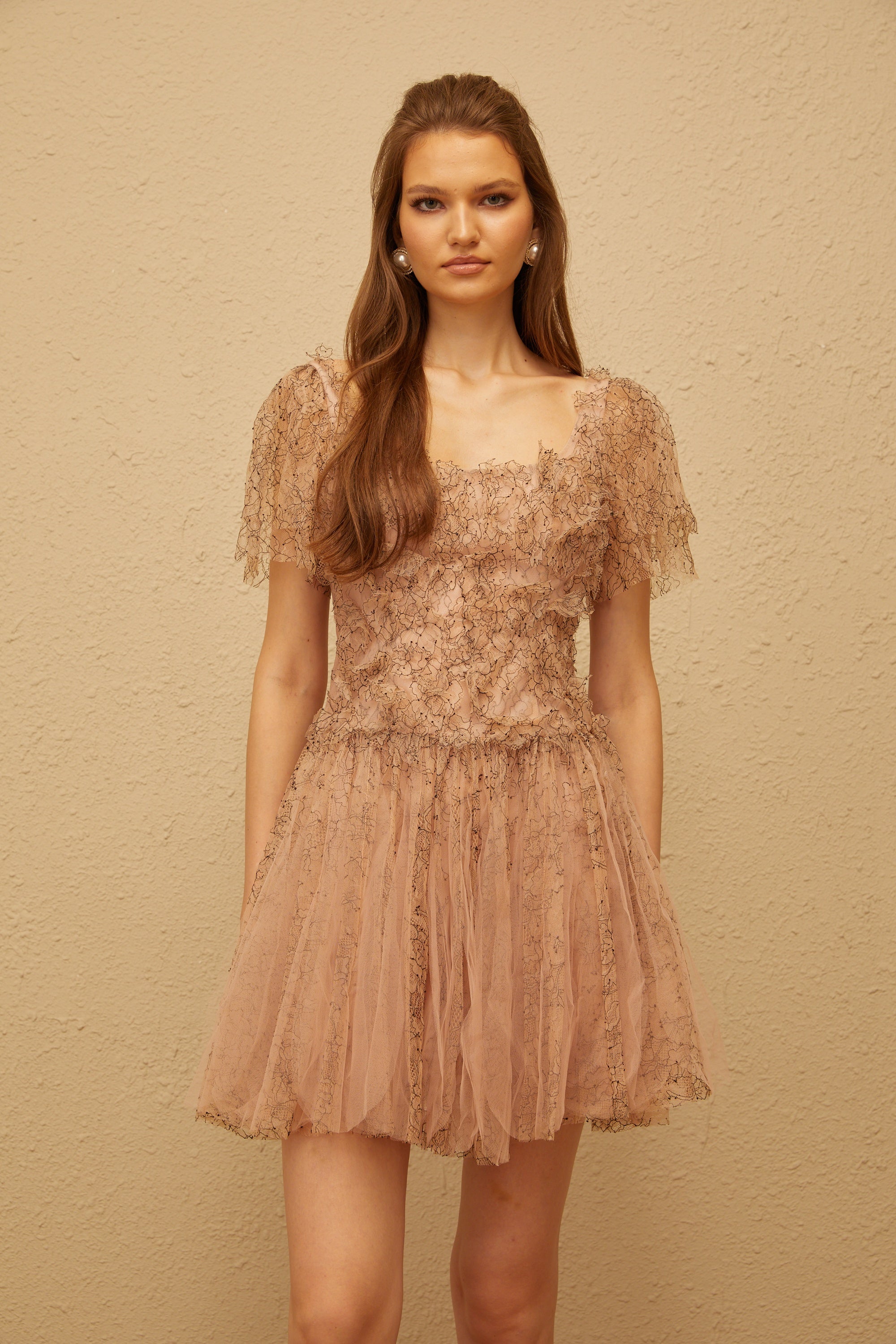 Gaëtane Brown Tulle Panel Lace Mini Dress