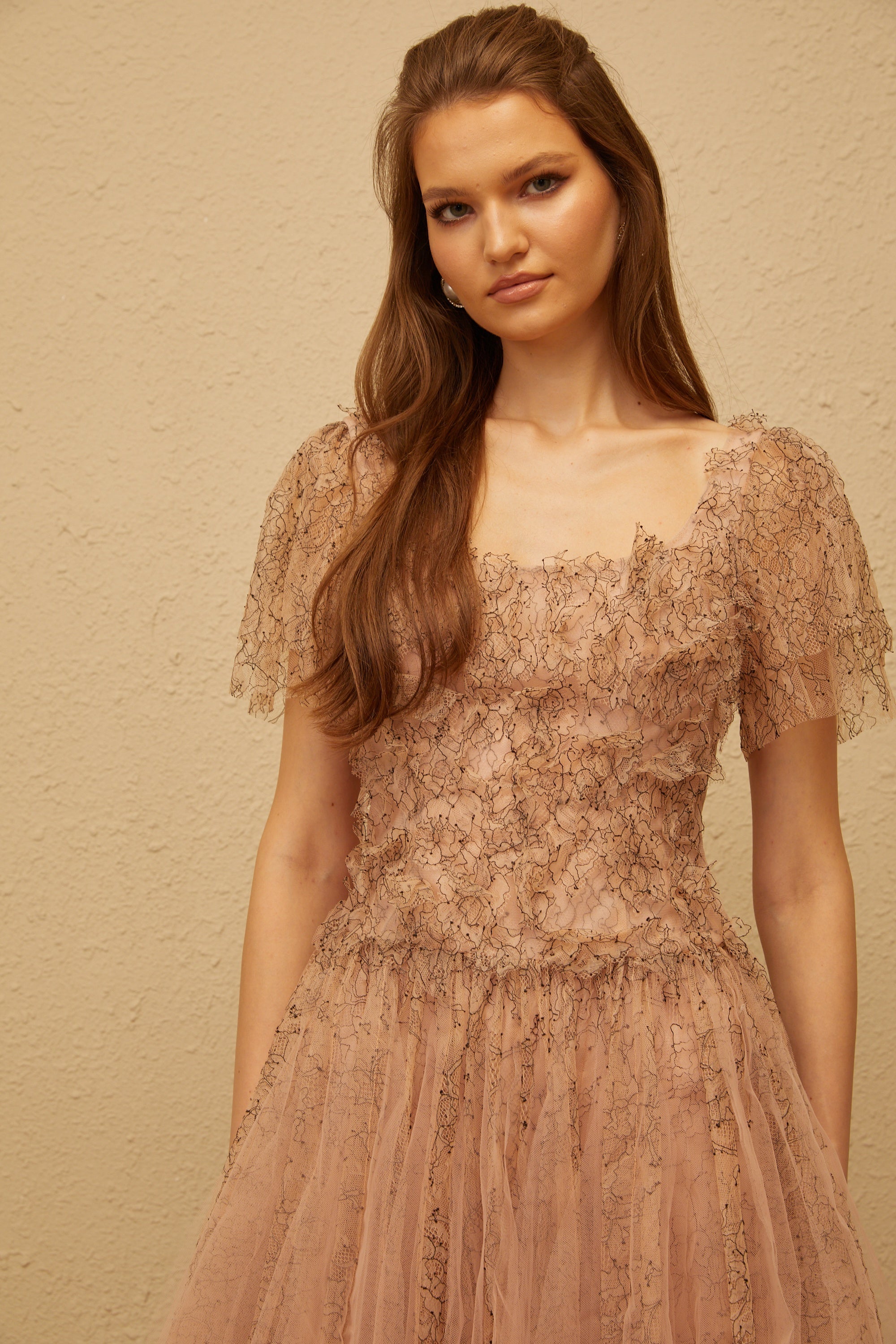 Gaëtane Brown Tulle Panel Lace Mini Dress