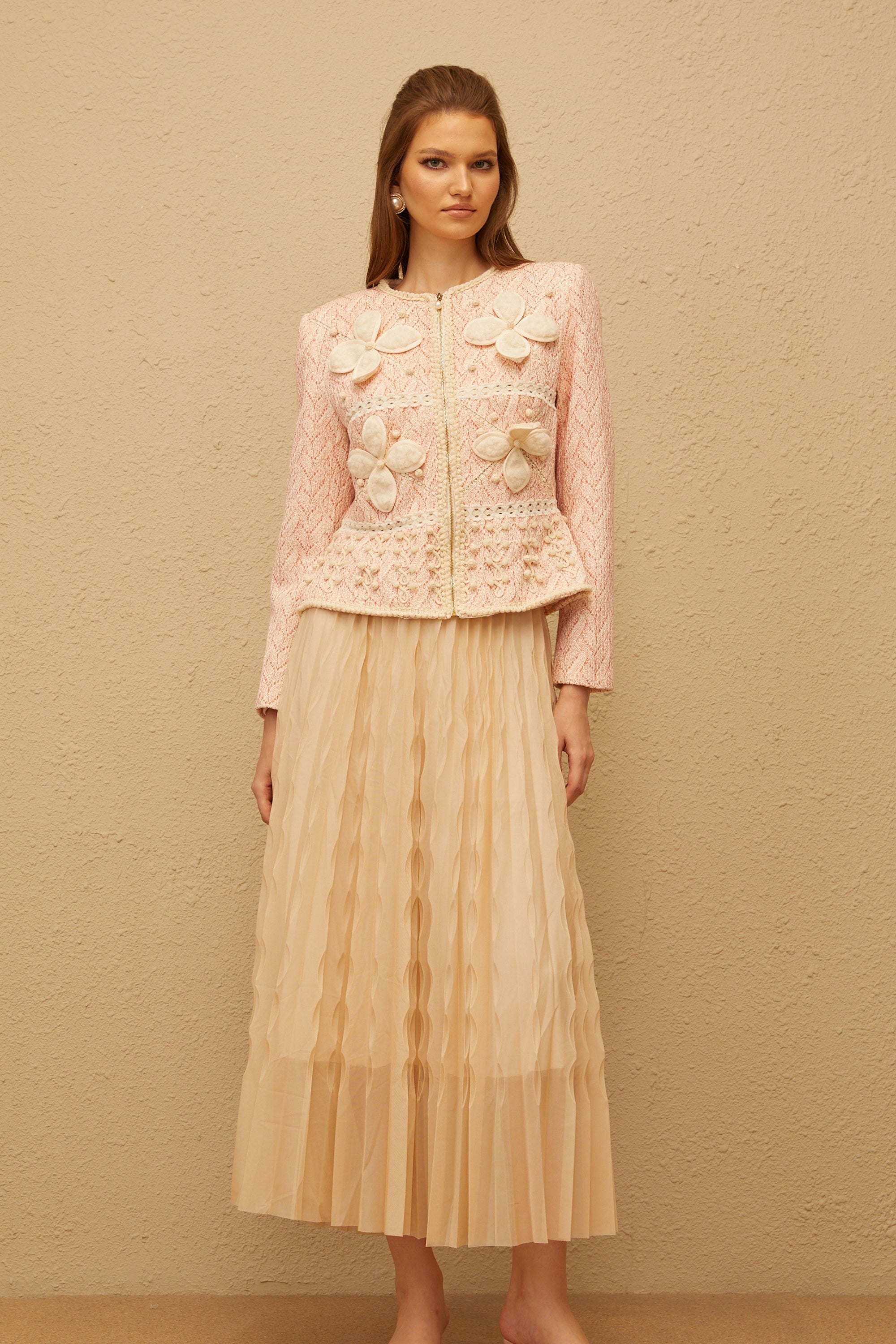 Dianthe Pink Crochet Knit Jacket & Tulle Skirt Set
