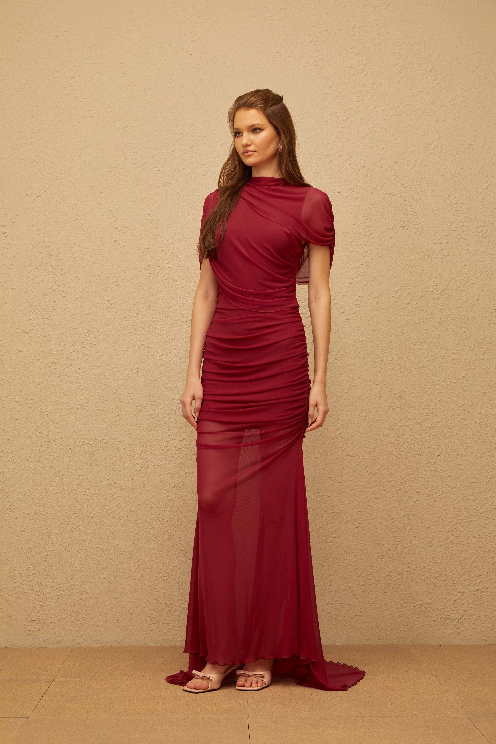 Sylphe Red Asymmetrical Ruched Mesh Maxi Dress