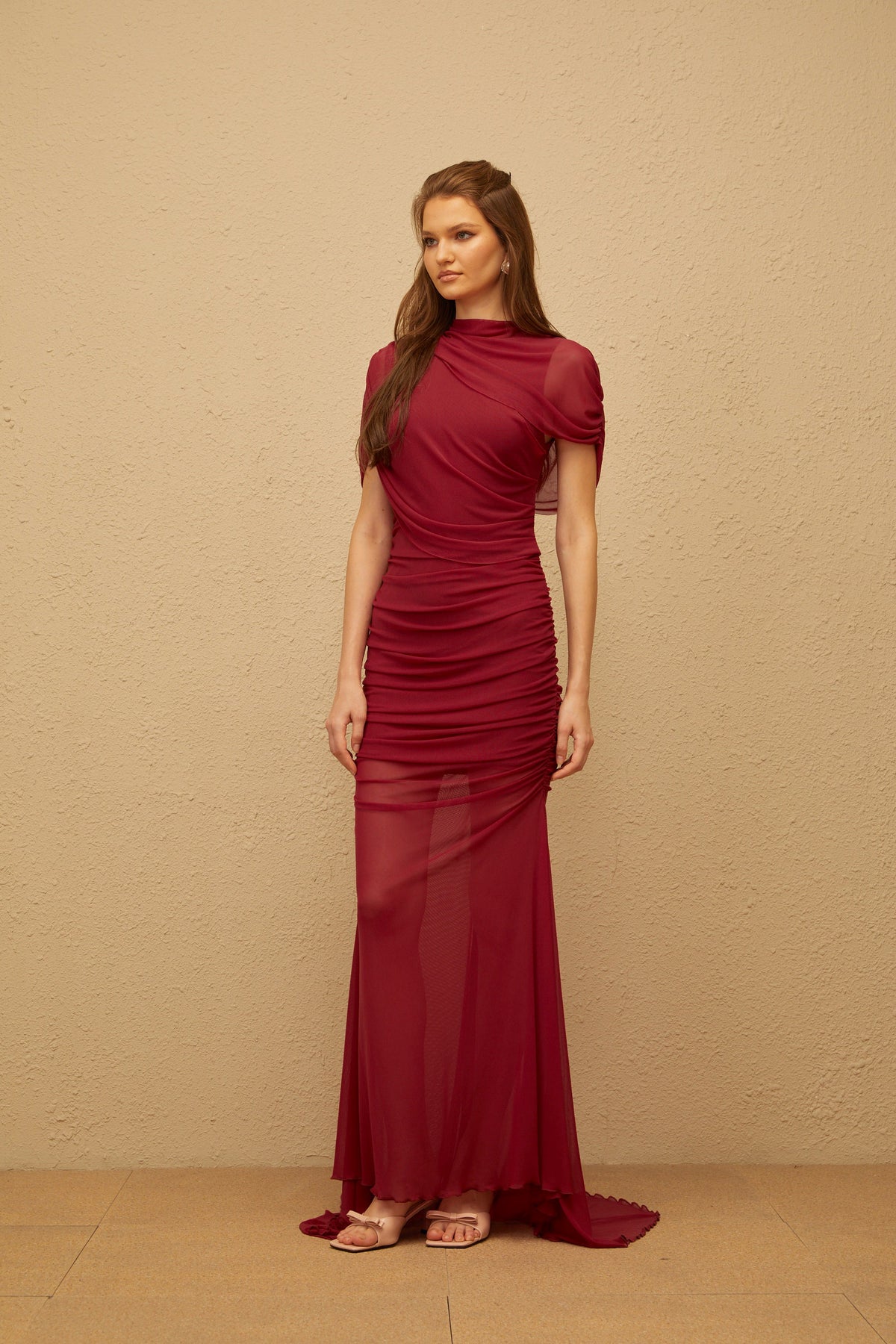 Sylphe Red Asymmetrical Ruched Mesh Maxi Dress (Final Sale-US Only)