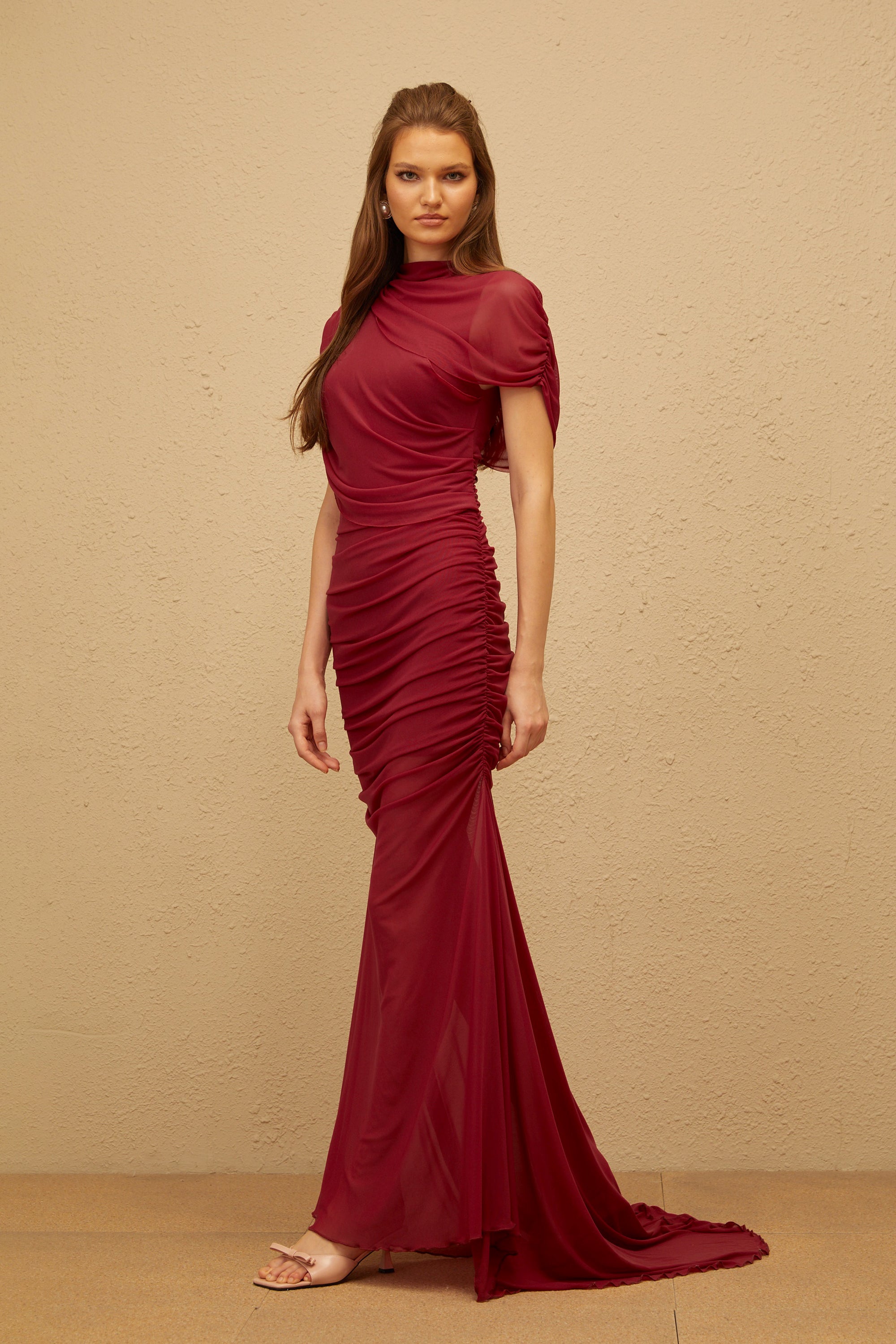Sylphe Red Asymmetrical Ruched Mesh Maxi Dress