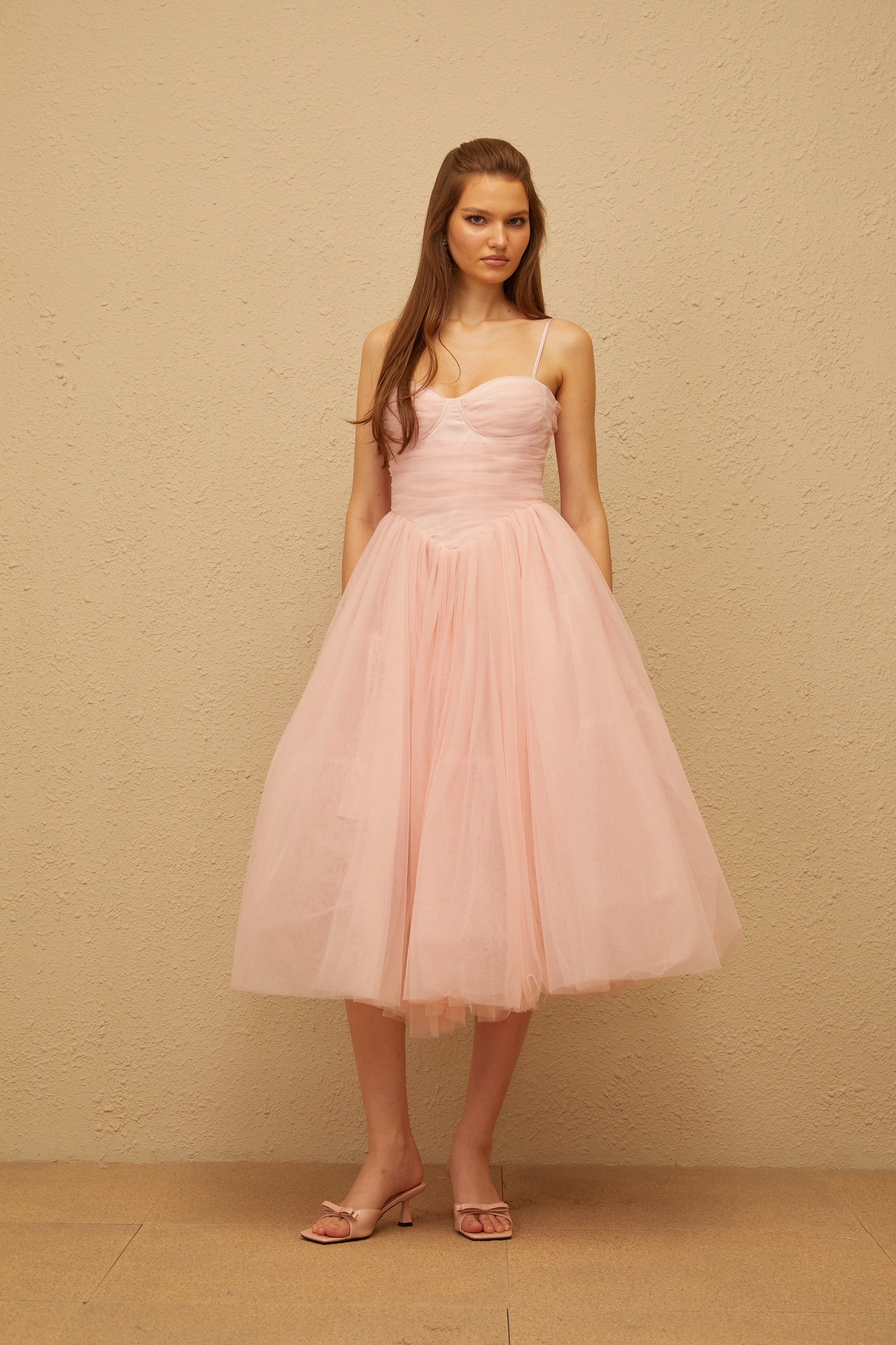 Apolline Pink Pleated Corset Tulle Midi Dress