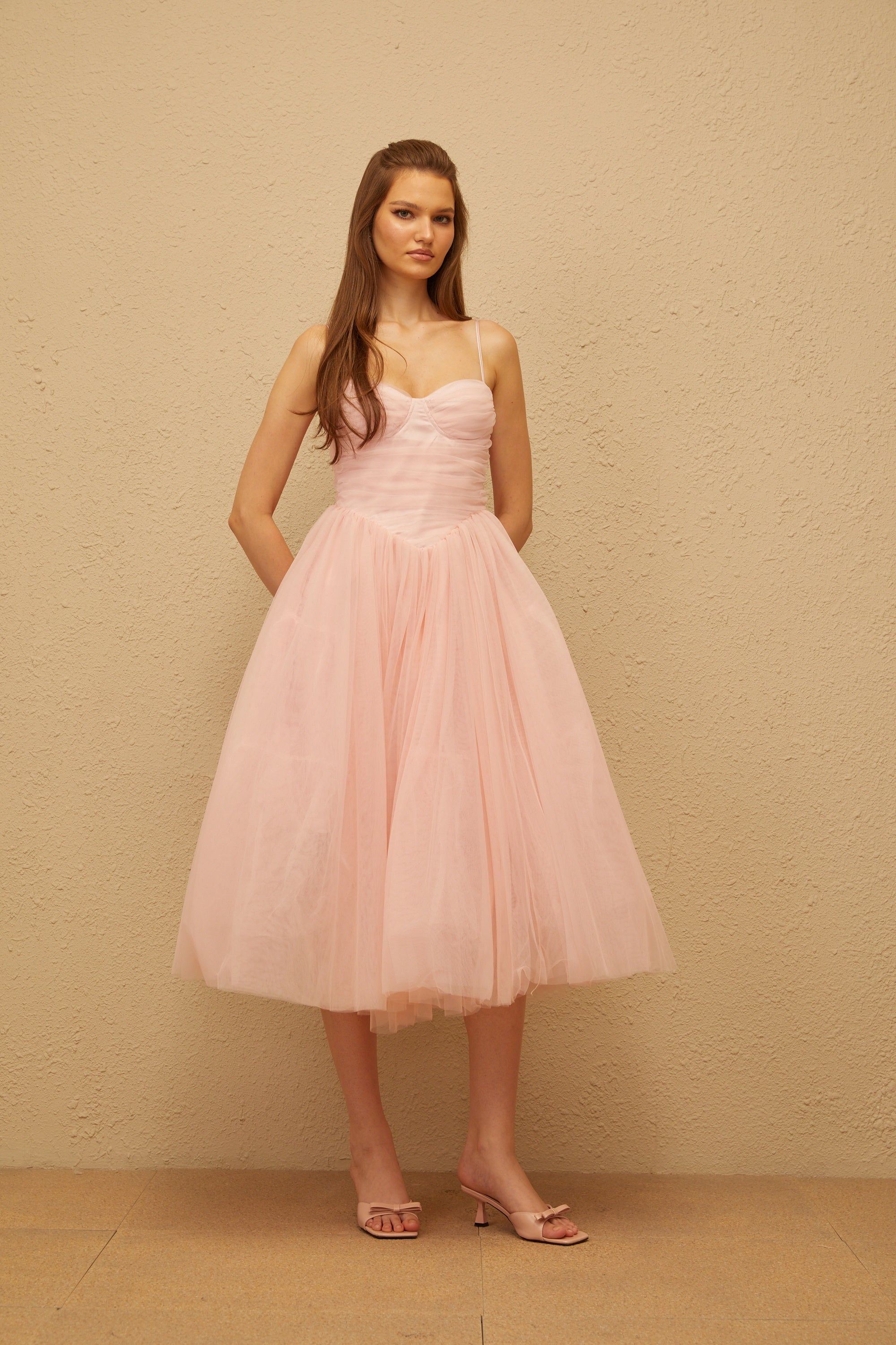 Apolline Pink Pleated Corset Tulle Midi Dress