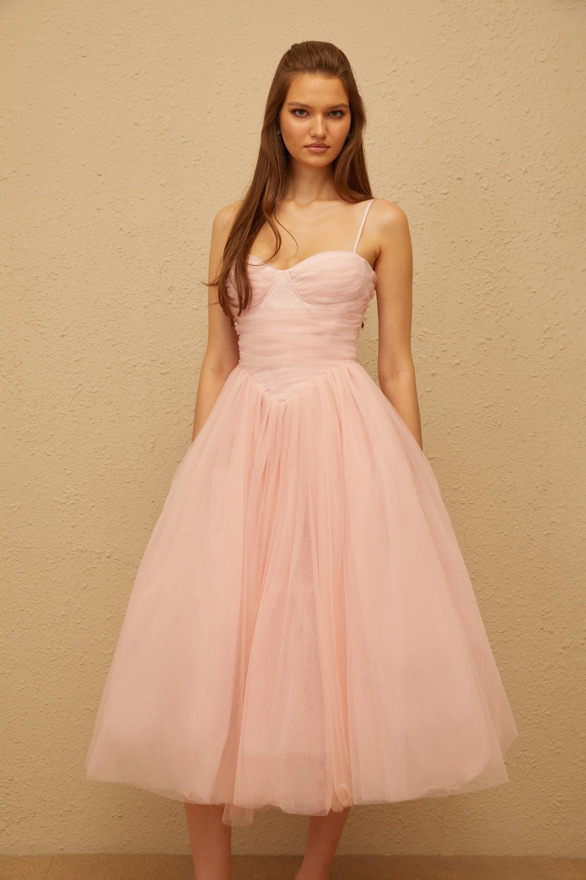 Apolline Pink Pleated Corset Tulle Midi Dress