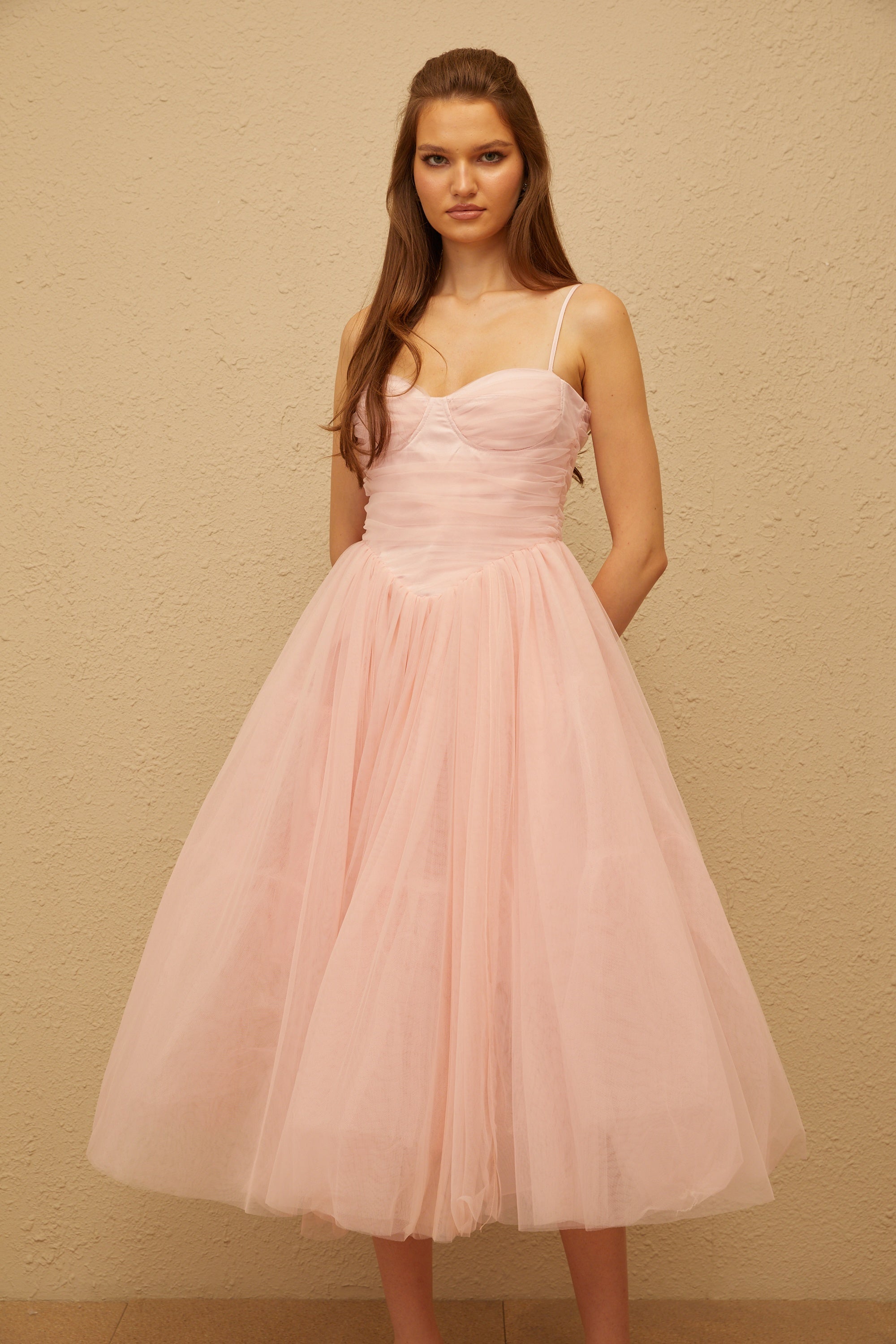 Apolline Pink Pleated Corset Tulle Midi Dress