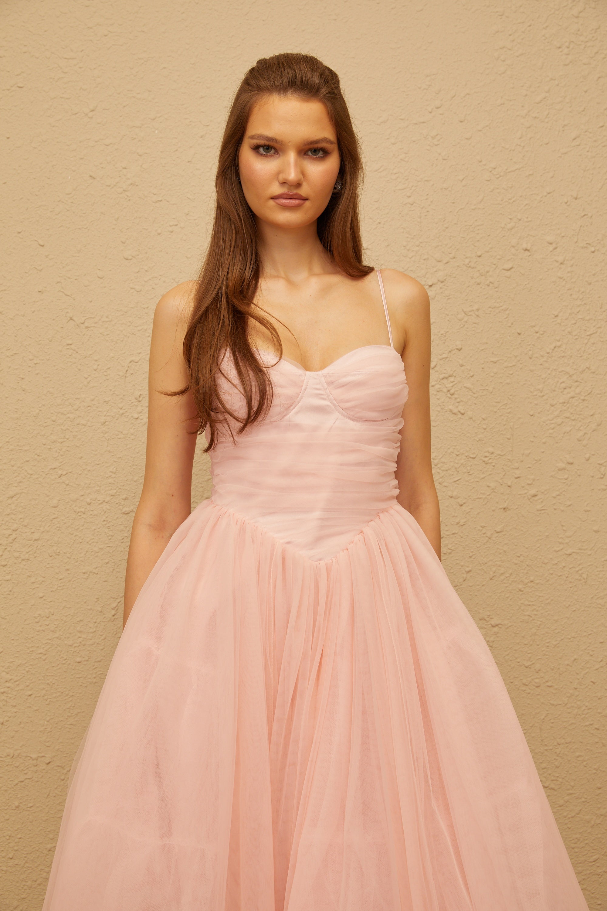 Apolline Pink Pleated Corset Tulle Midi Dress