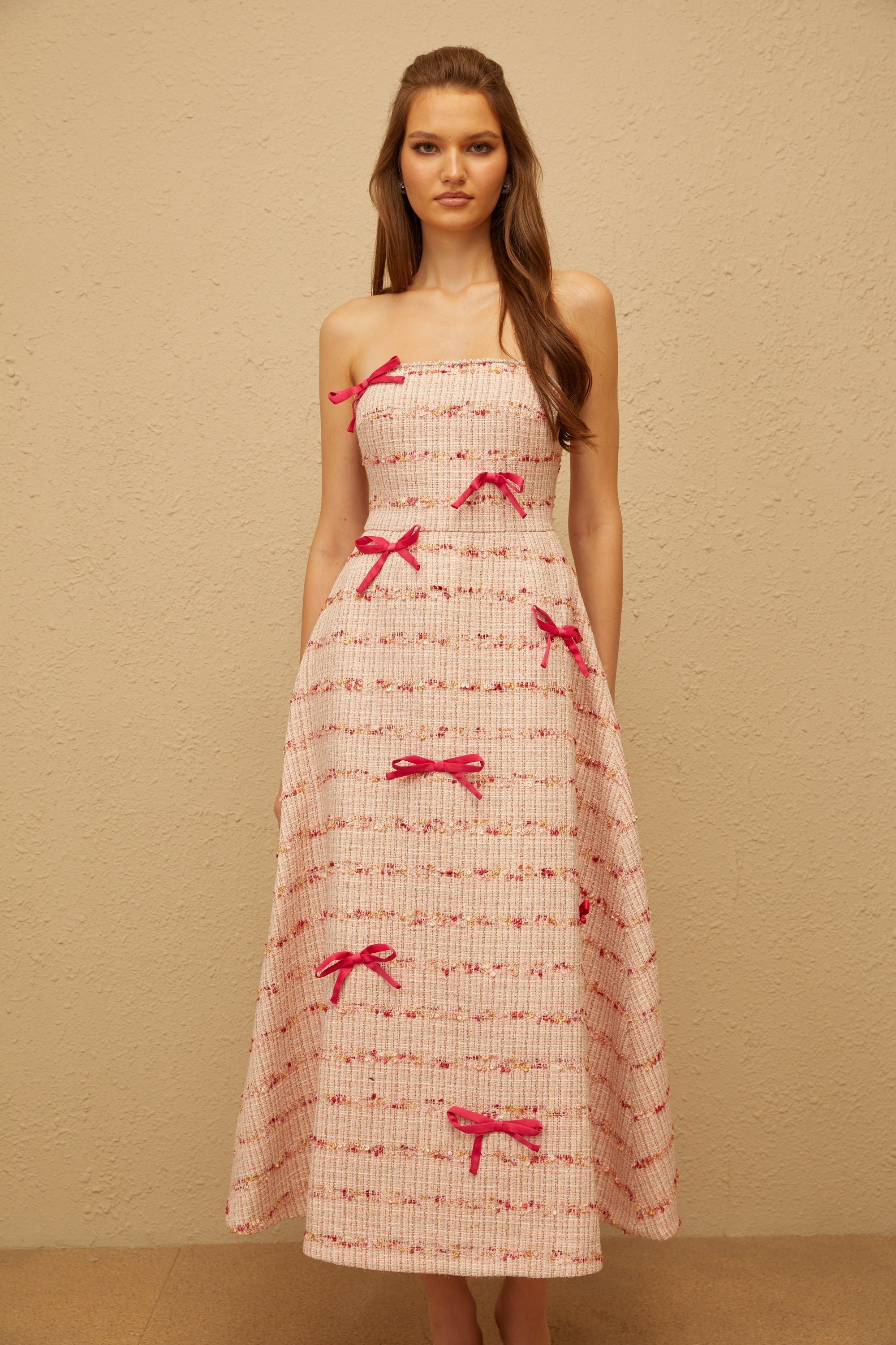 Fabienne Pink Bow Embellished Tweed Midi Dress (Final Sale-US Only)