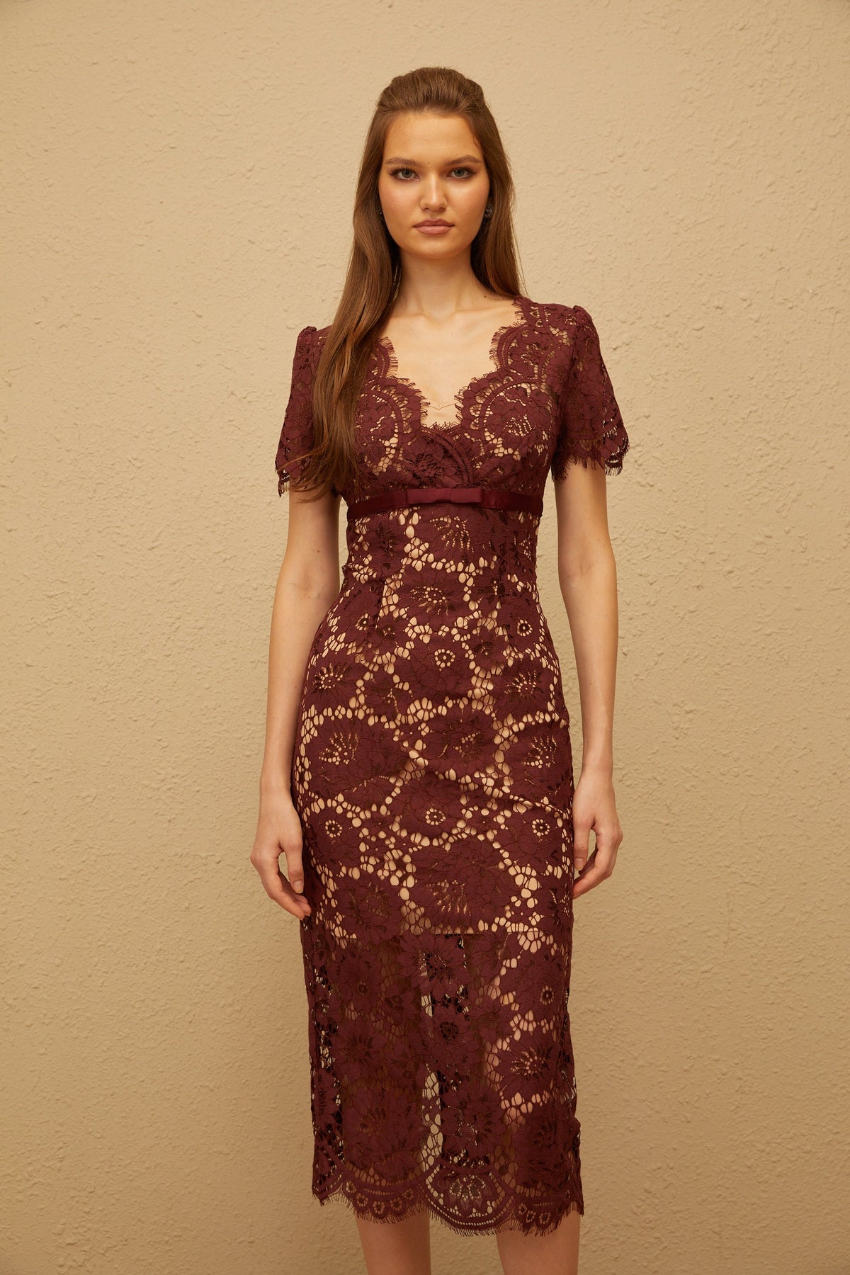 Iris Burgundy Floral Lace Pencil Midi Dress