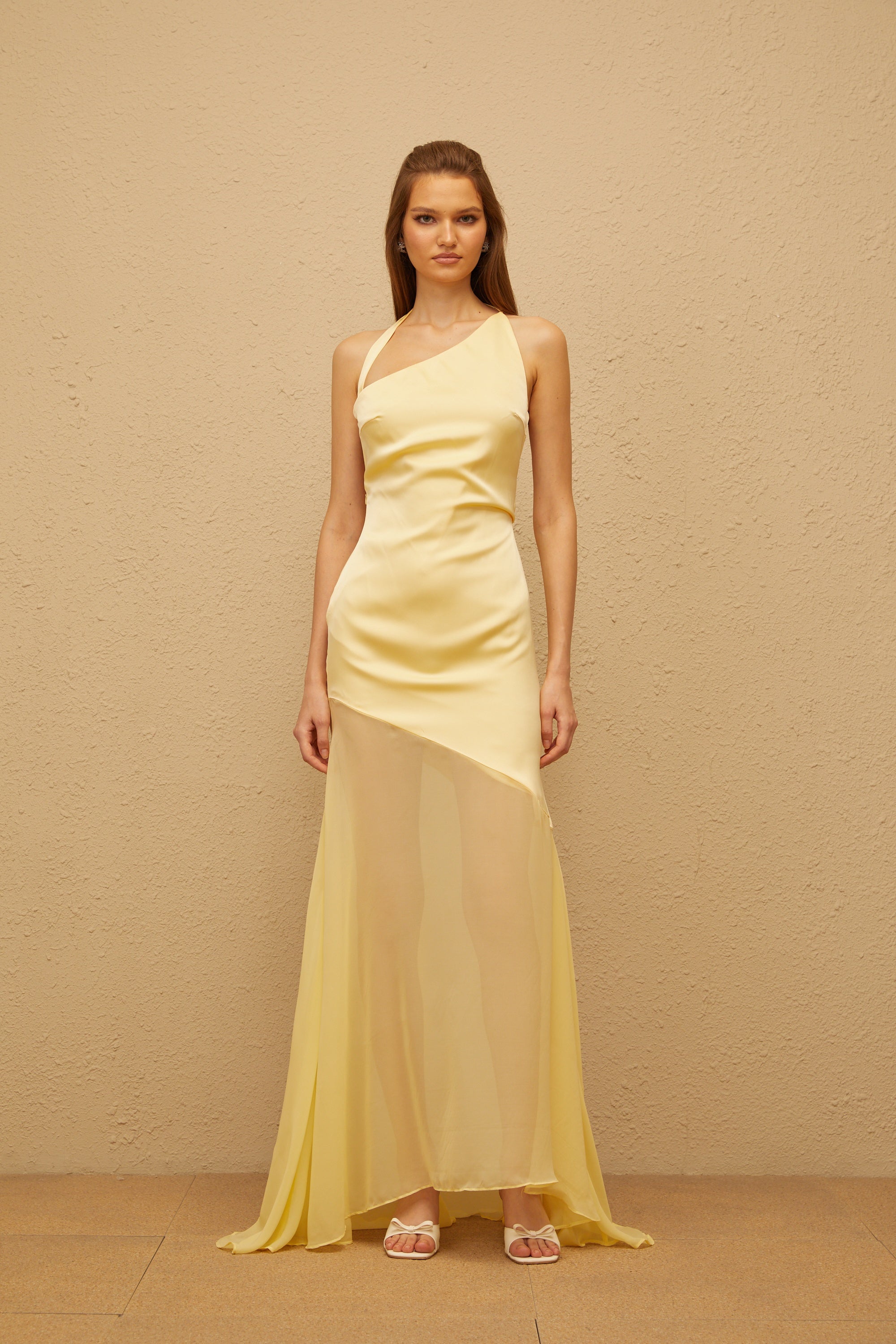 Chantal Yellow Asymmetrical Satin Maxi Dress