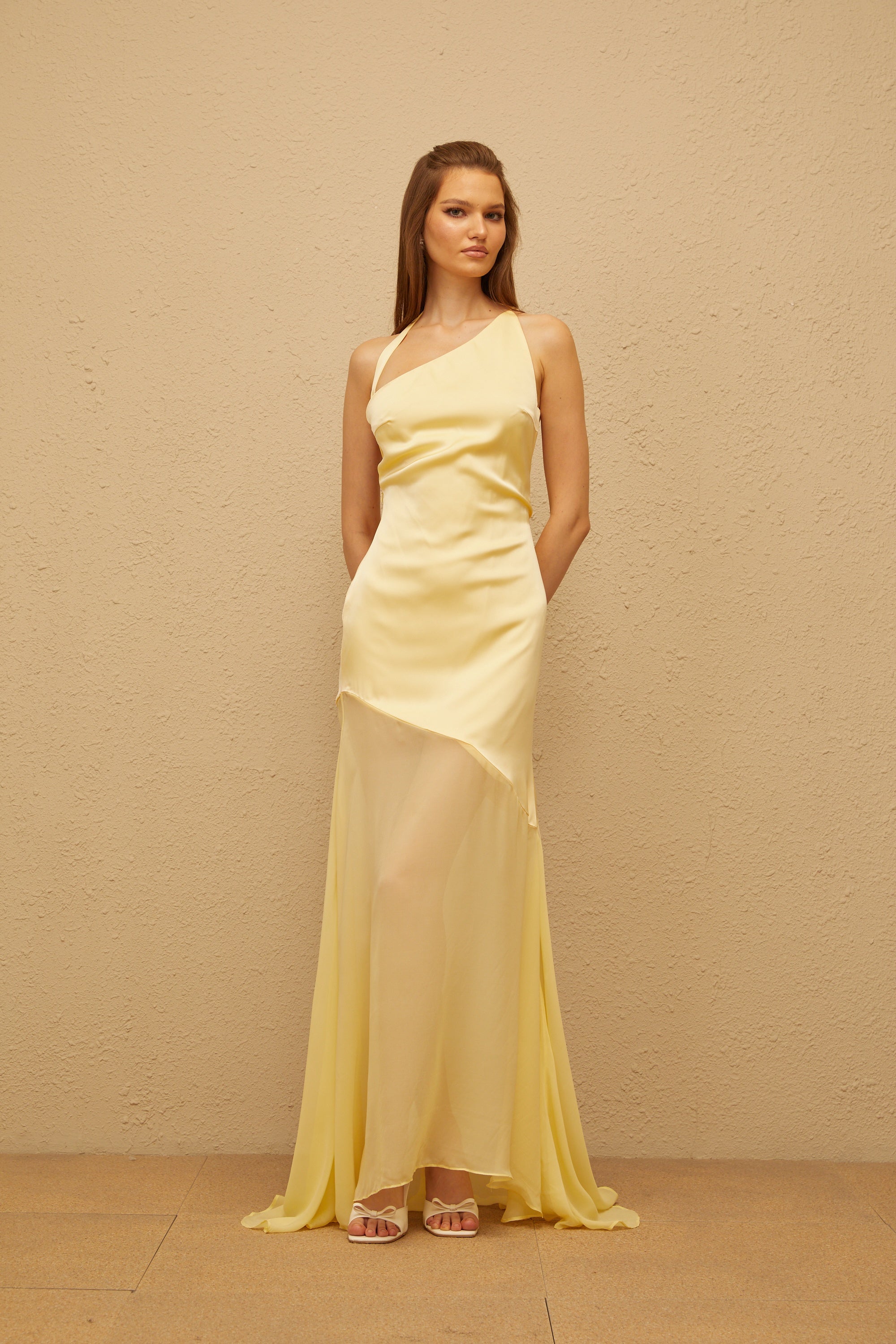 Chantal Yellow Asymmetrical Satin Maxi Dress
