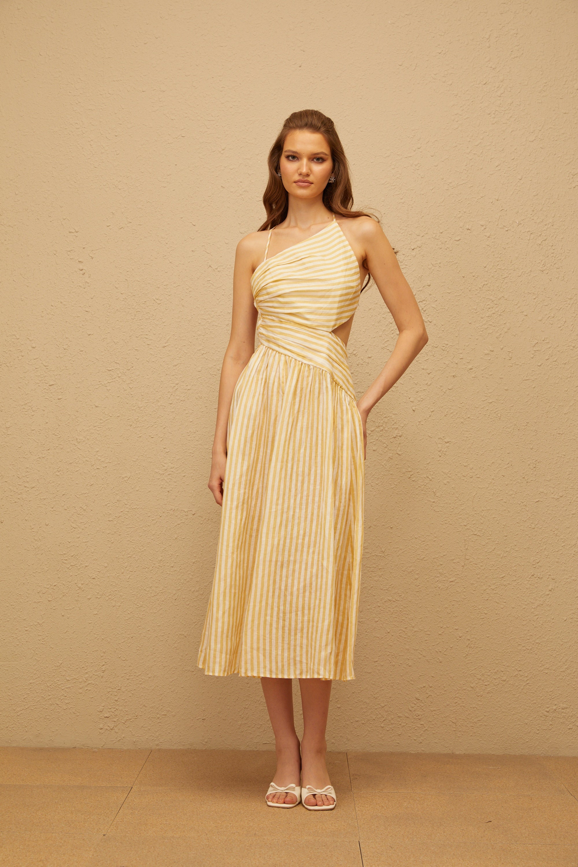 Fabienne Yellow Asymmetrical Striped Midi Dress