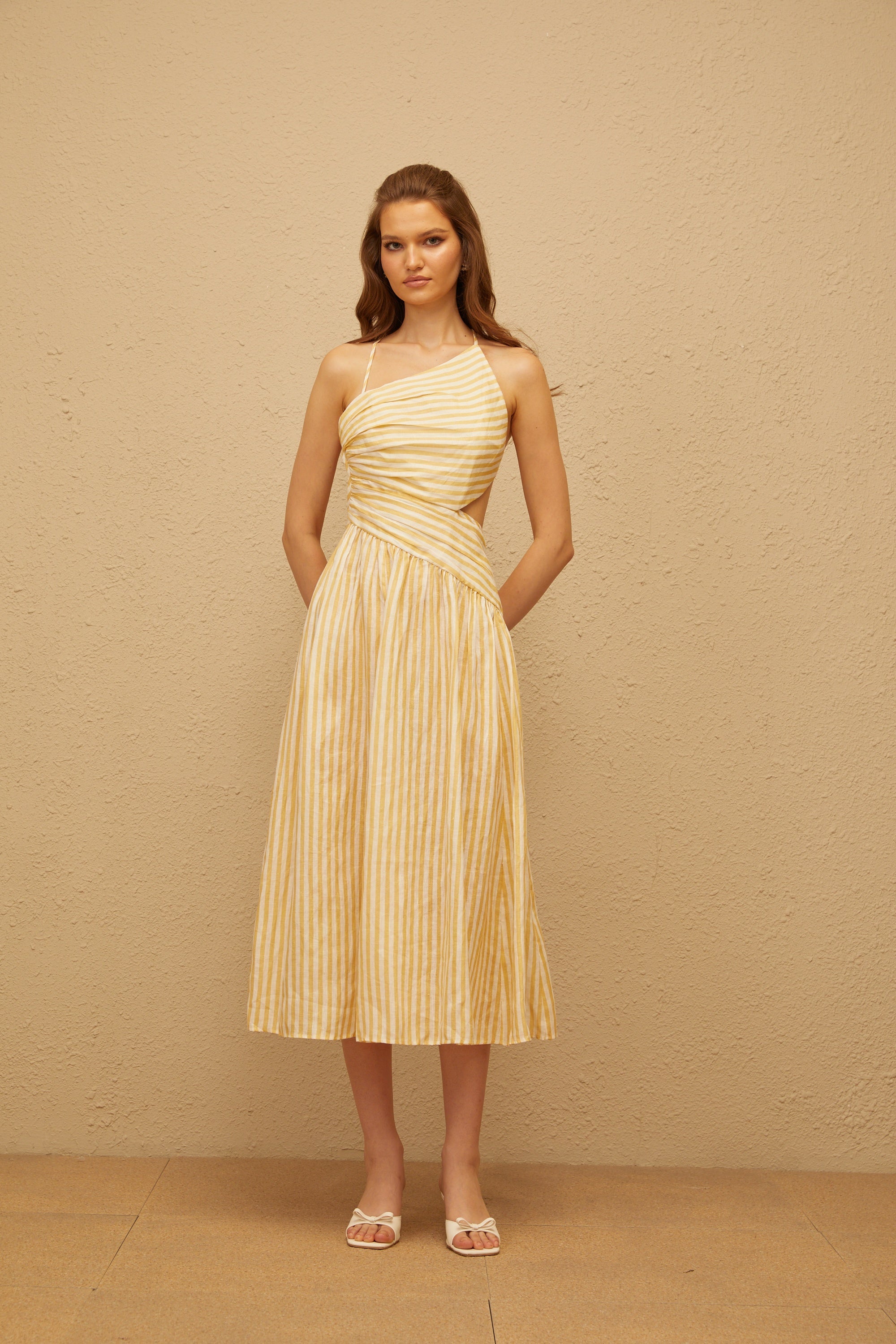 Fabienne Yellow Asymmetrical Striped Midi Dress
