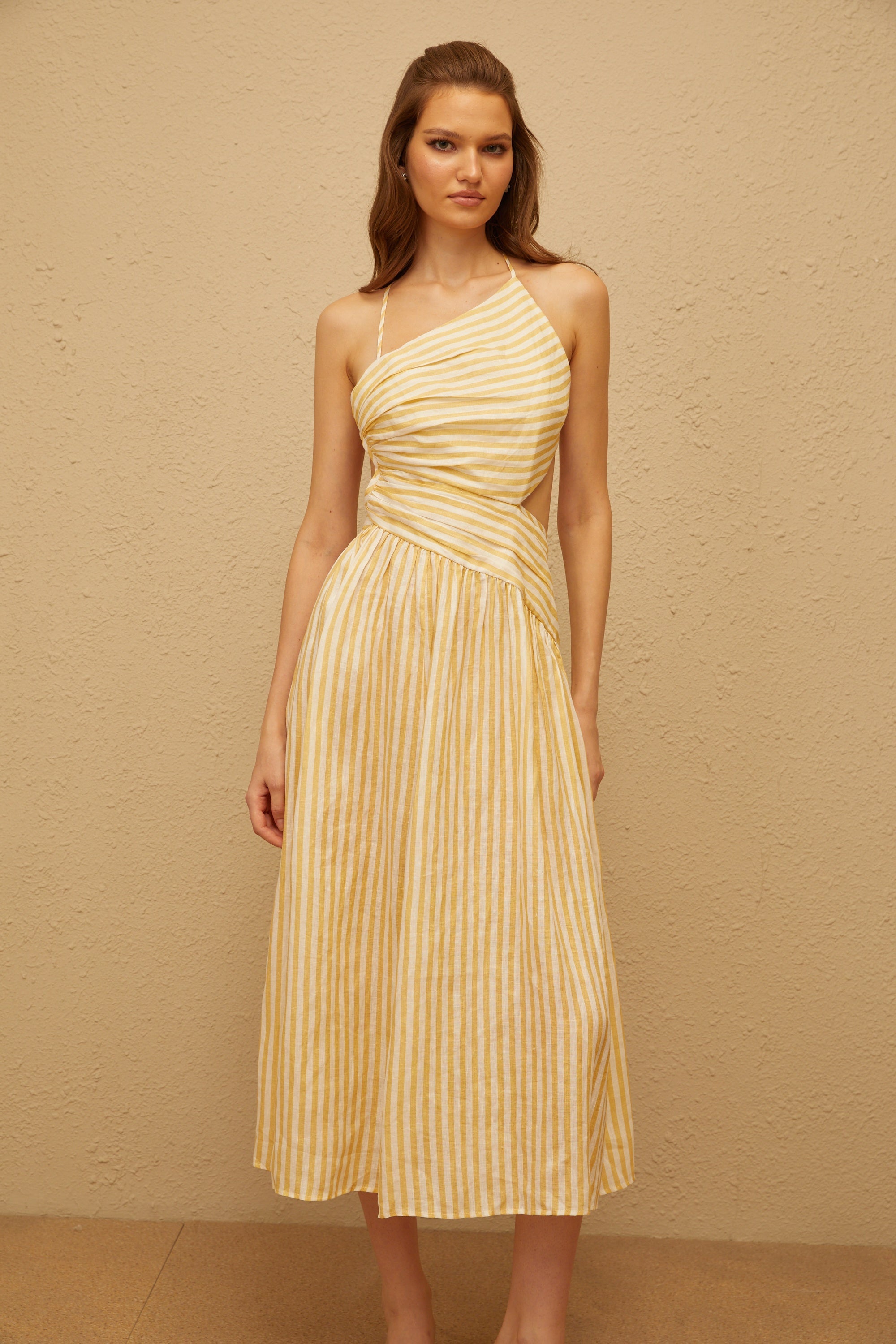 Fabienne Yellow Asymmetrical Striped Midi Dress