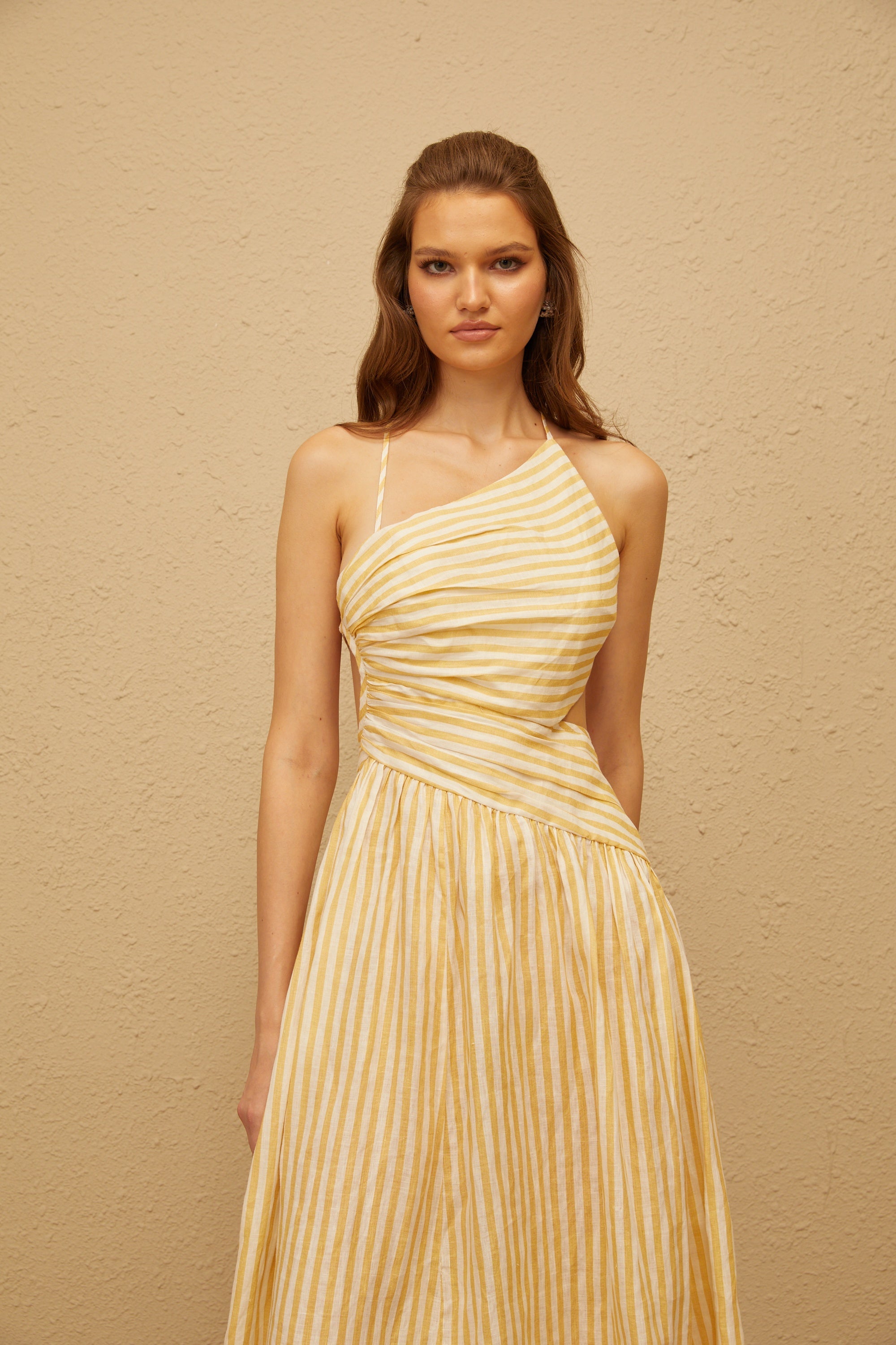 Fabienne Yellow Asymmetrical Striped Midi Dress