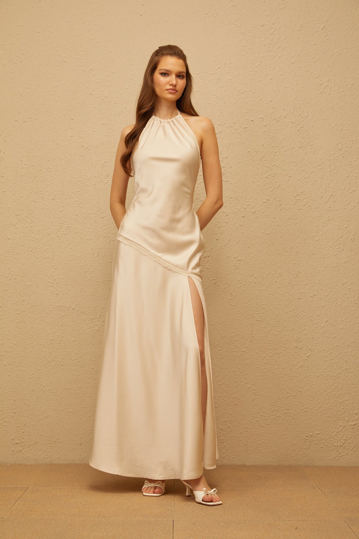 Aurore Neutral Halterneck Satin Maxi Dress
