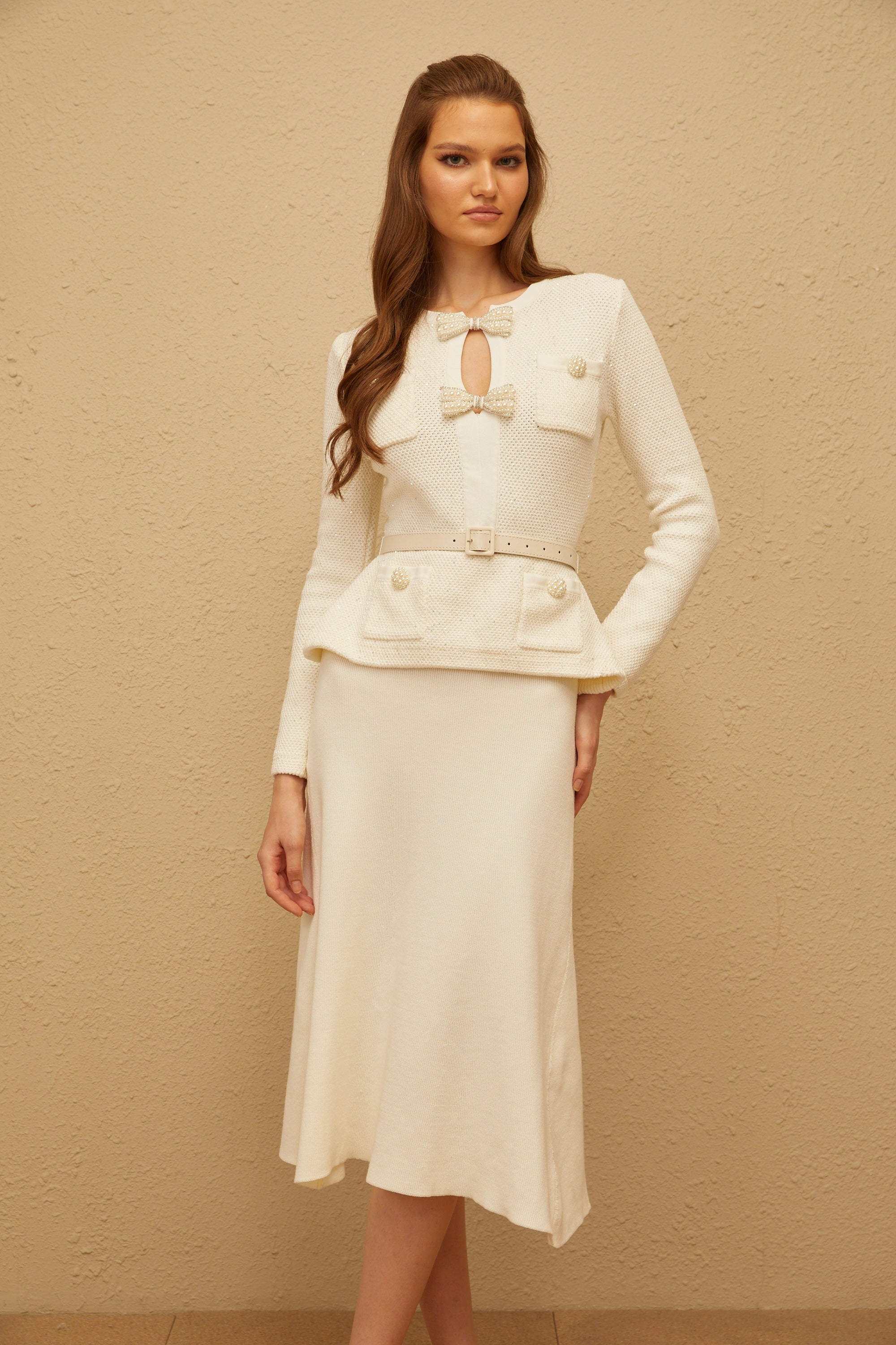 Adélade White Embellished Knit Midi Dress