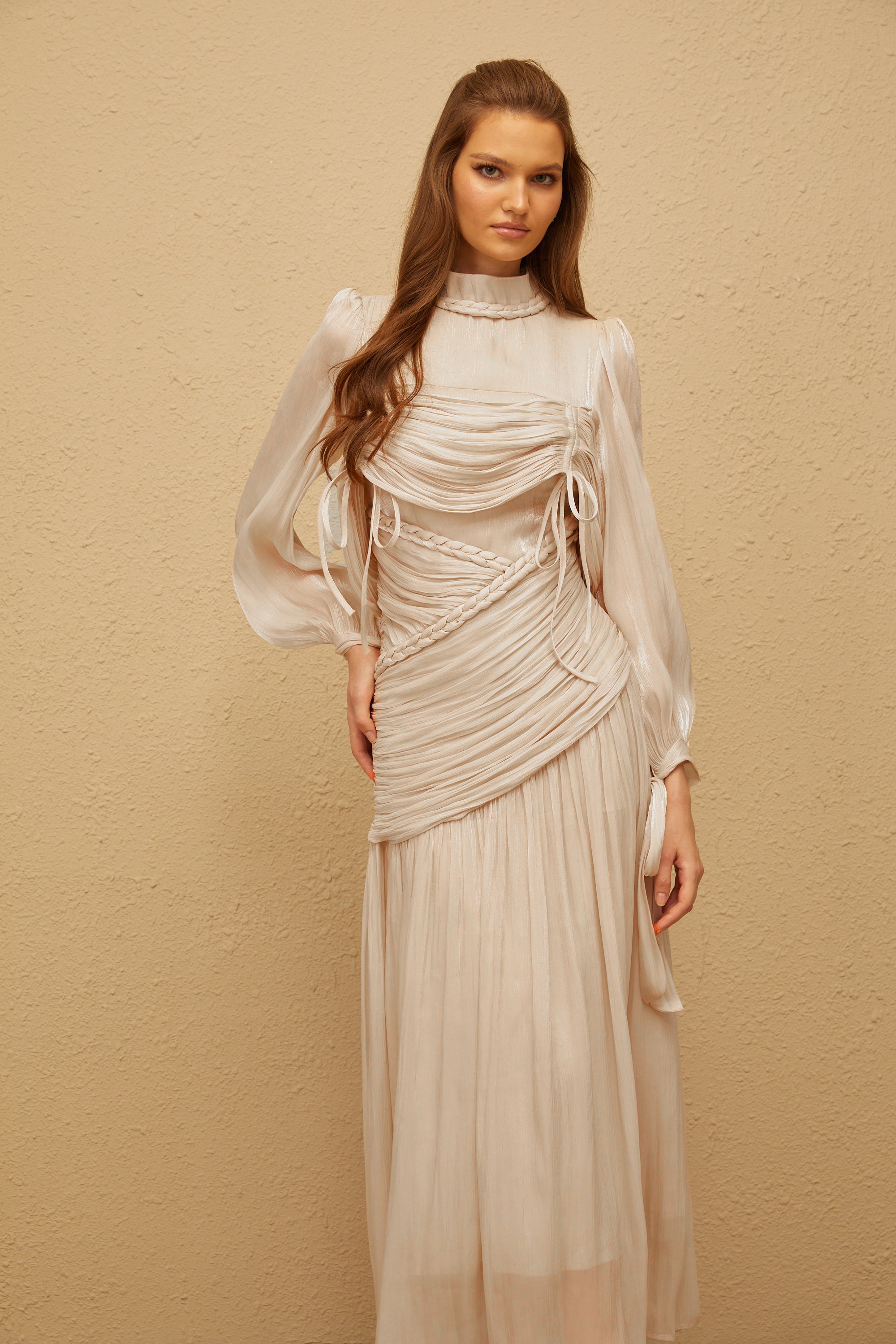 Amour Grey Ruched Glossy Maxi Dress