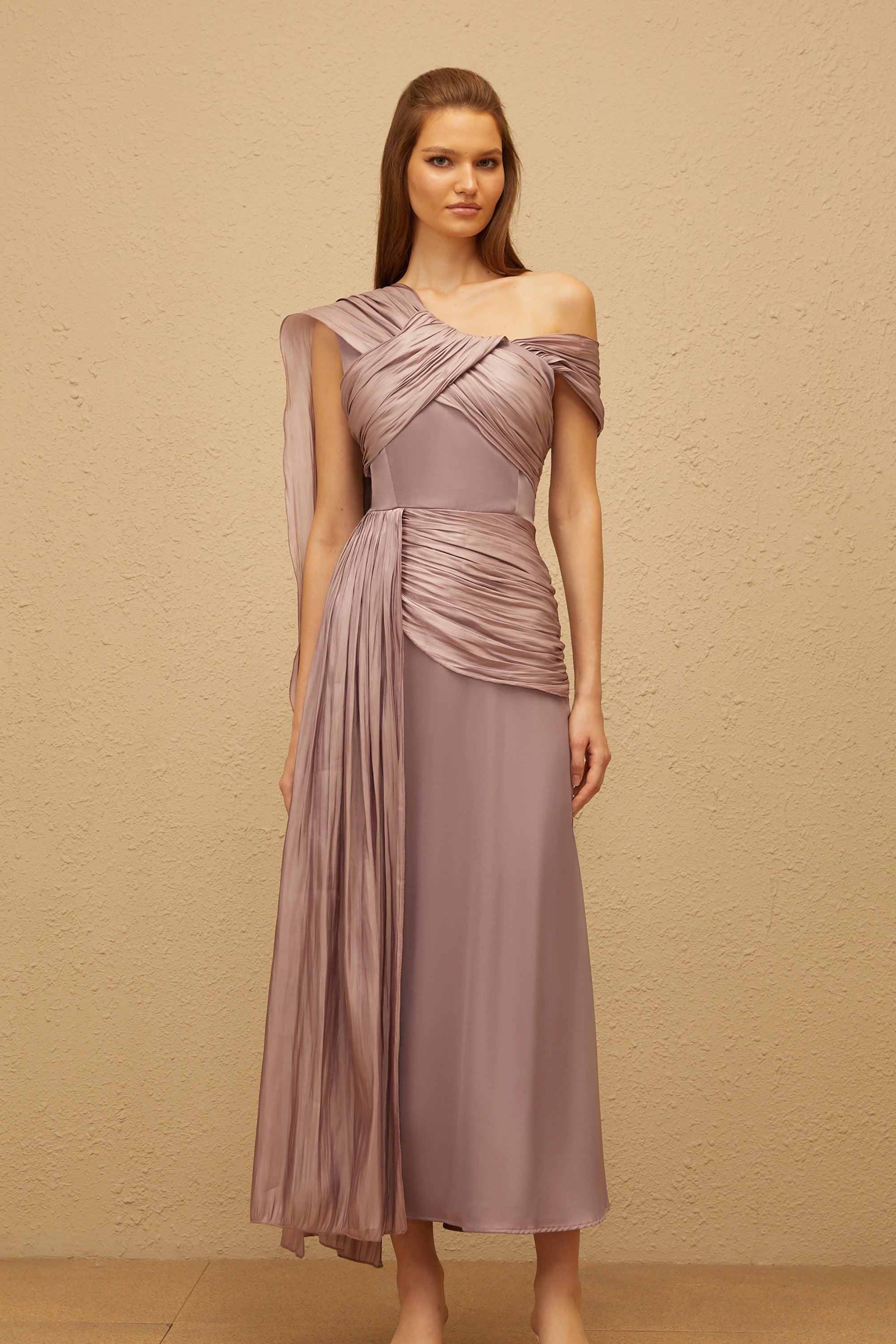Judith Purple Ruched Glossy Ribbon Maxi Dress (Final Sale)