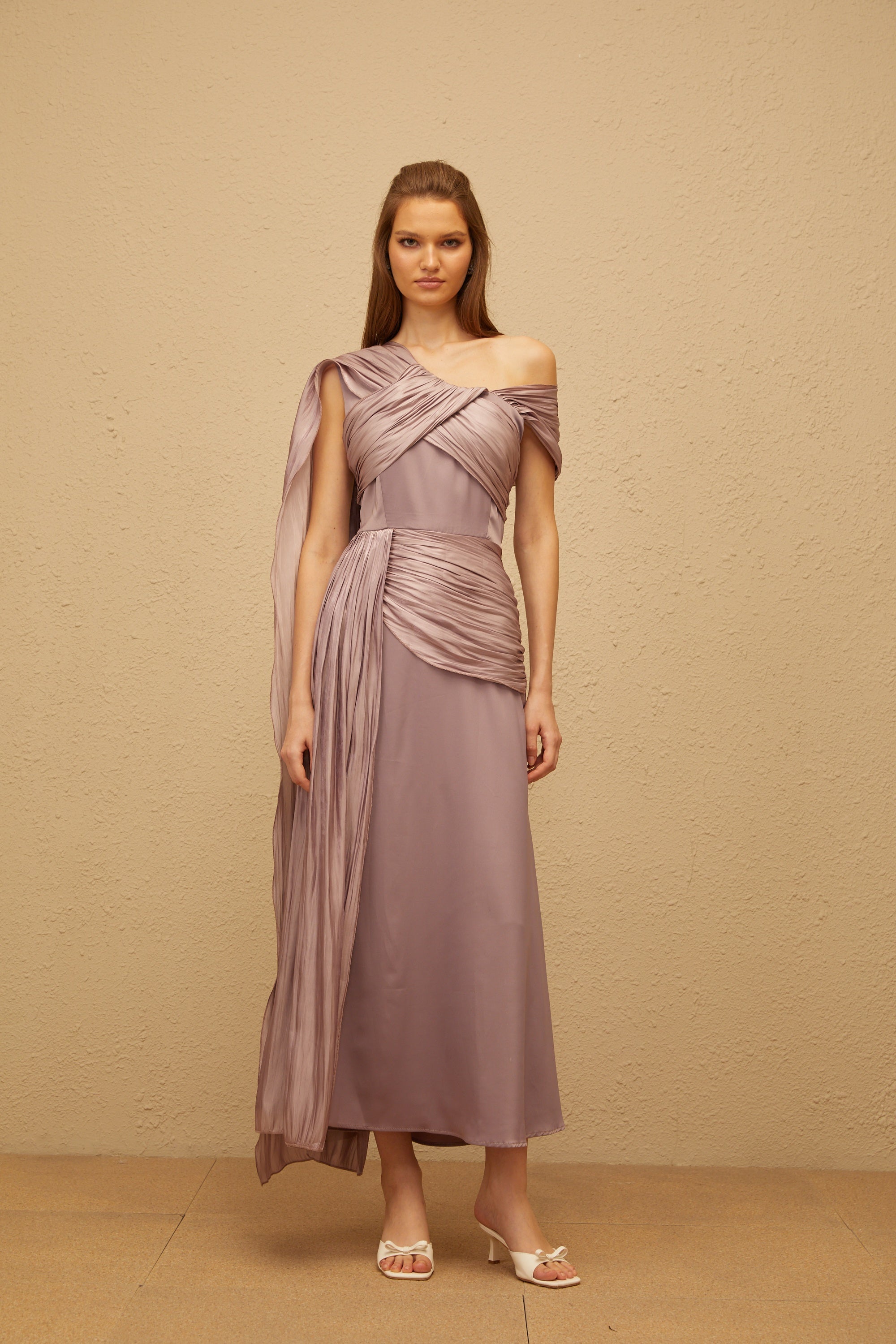 Judith Purple Ruched Glossy Ribbon Maxi Dress (Final Sale)