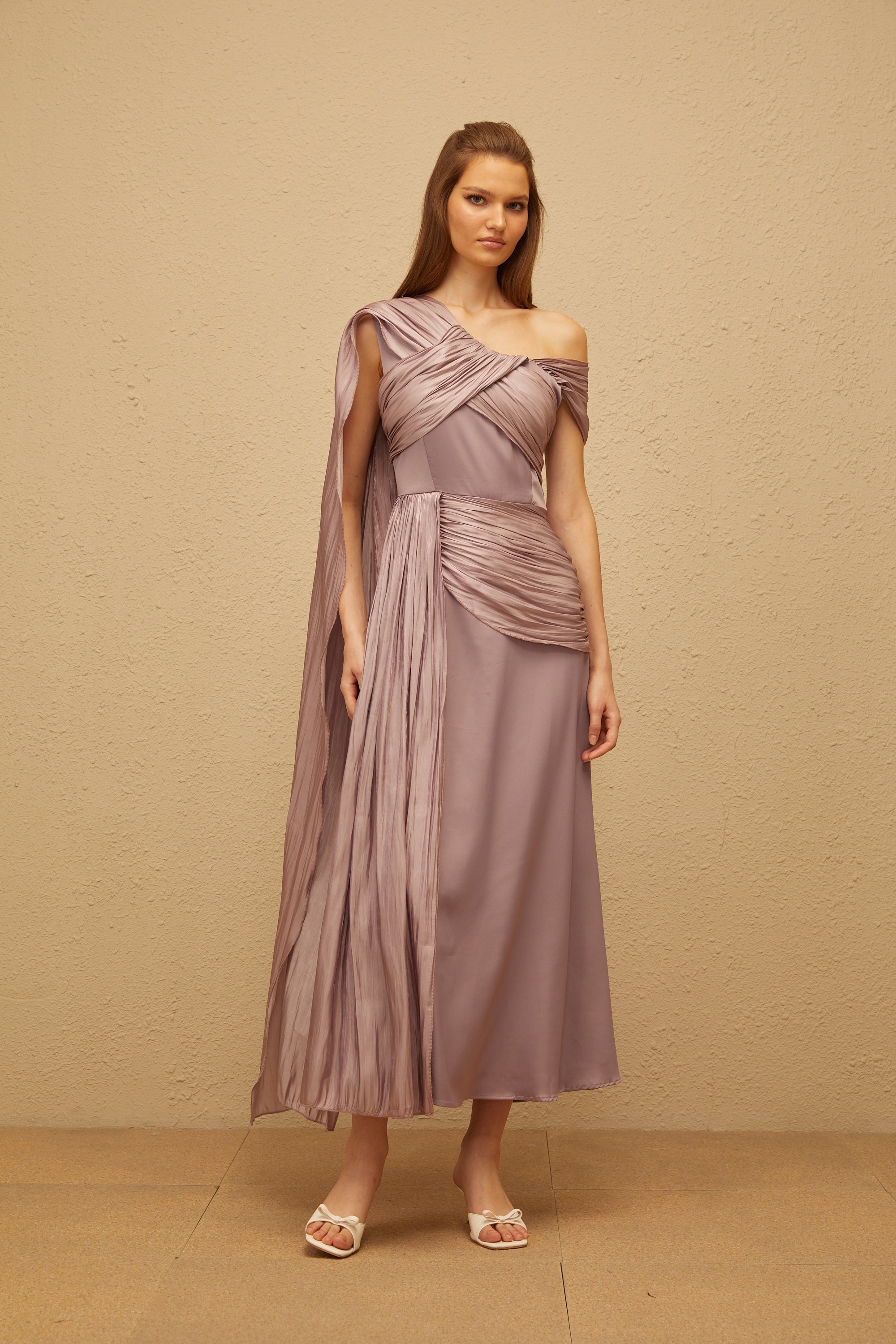 Judith Purple Ruched Glossy Ribbon Maxi Dress (Final Sale)