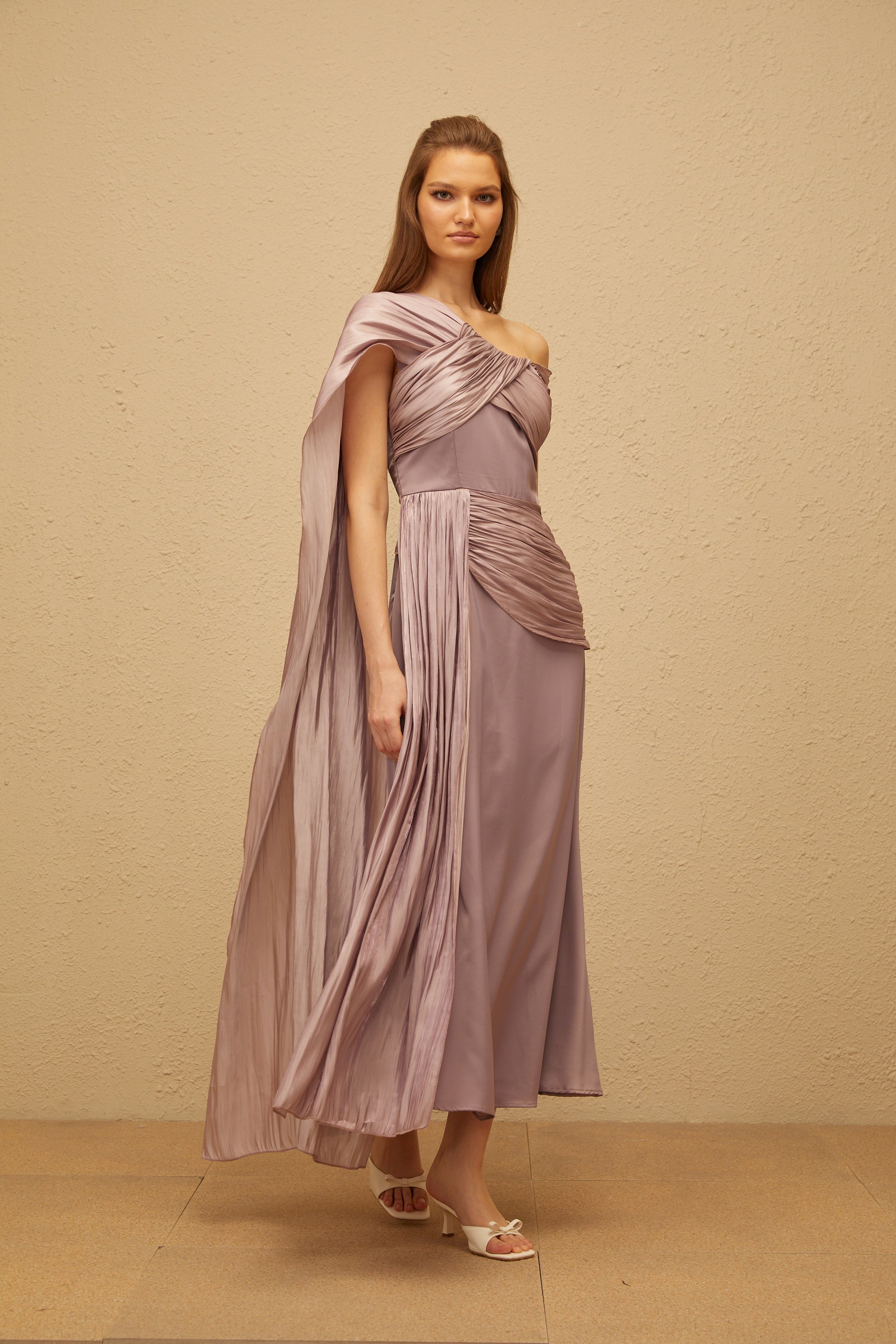 Judith Purple Ruched Glossy Ribbon Maxi Dress (Final Sale)