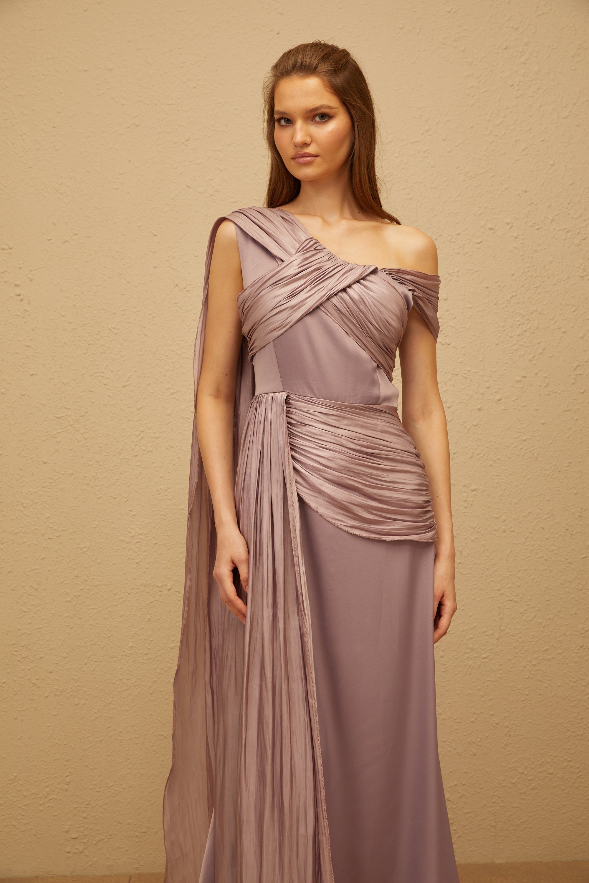 Judith Purple Ruched Glossy Ribbon Maxi Dress (Final Sale)
