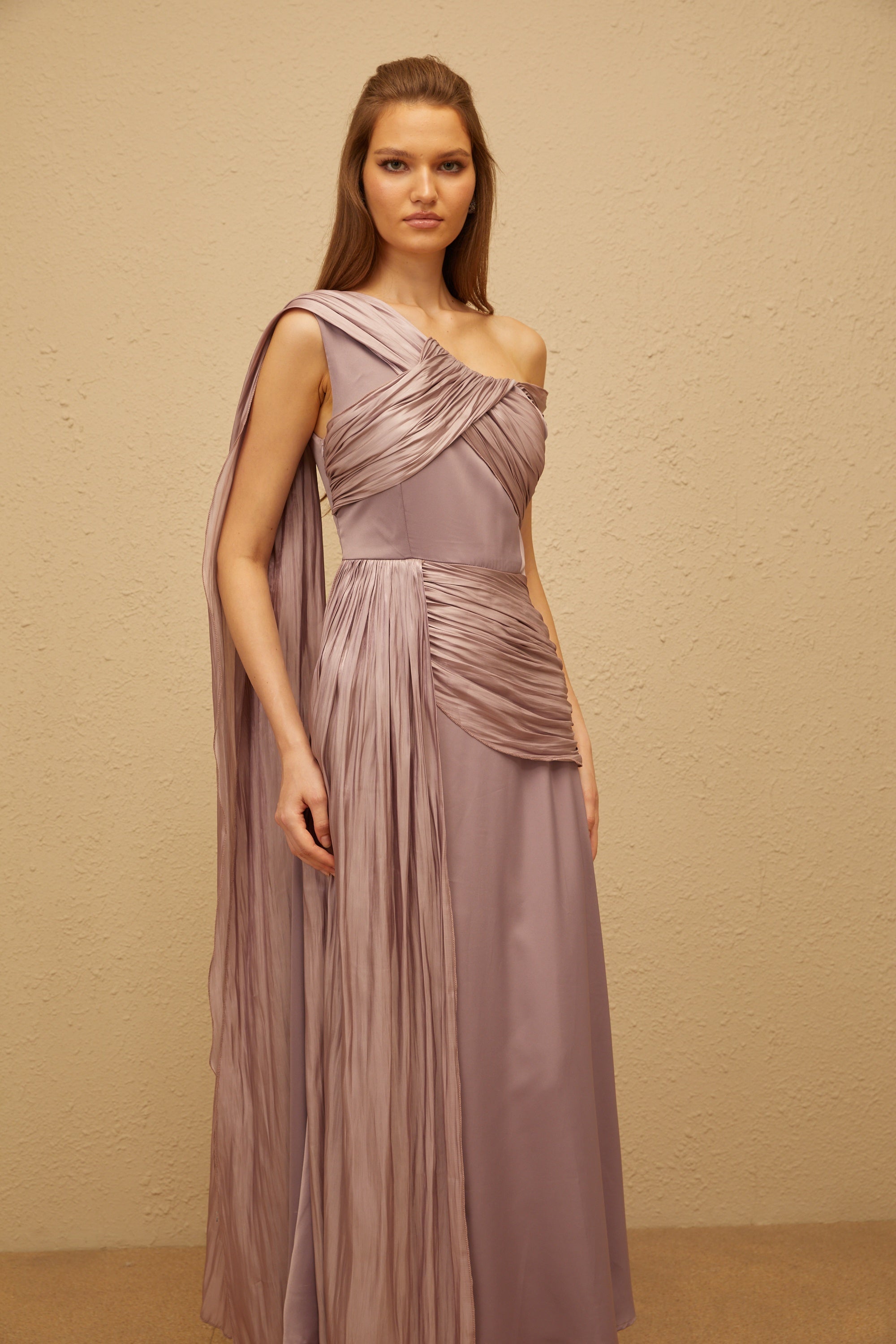 Judith Purple Ruched Glossy Ribbon Maxi Dress (Final Sale)