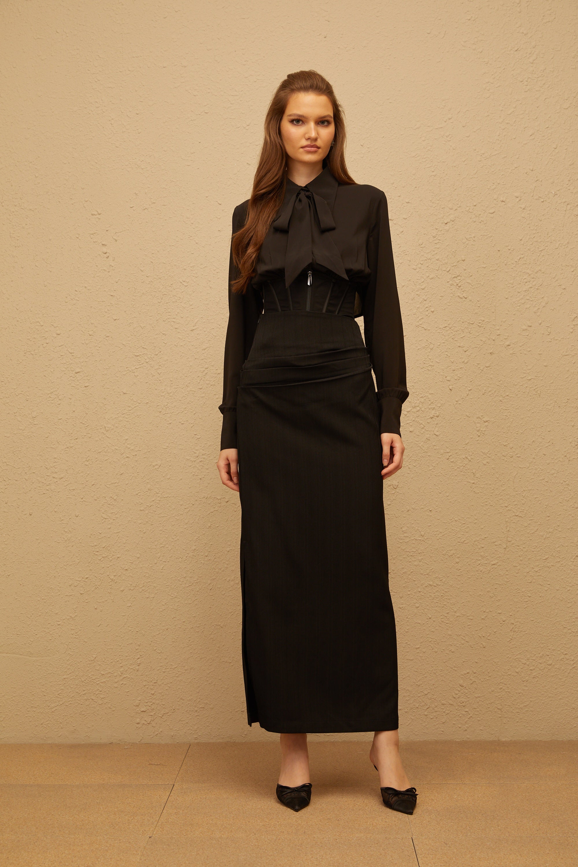 Eléonore Black Ruched Maxi Skirt