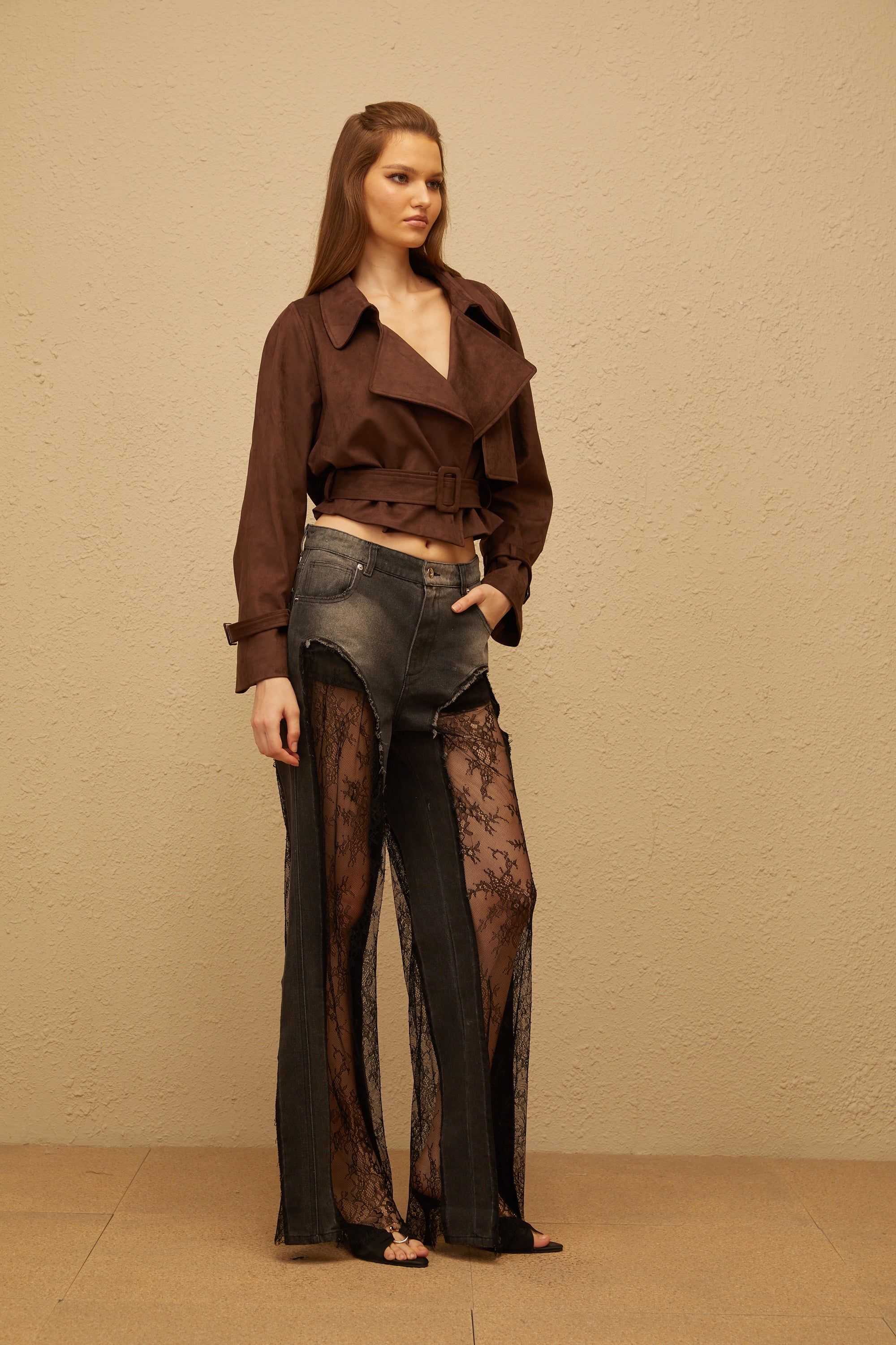 Esperanza Brown Belted Suede Short Biker Jacket