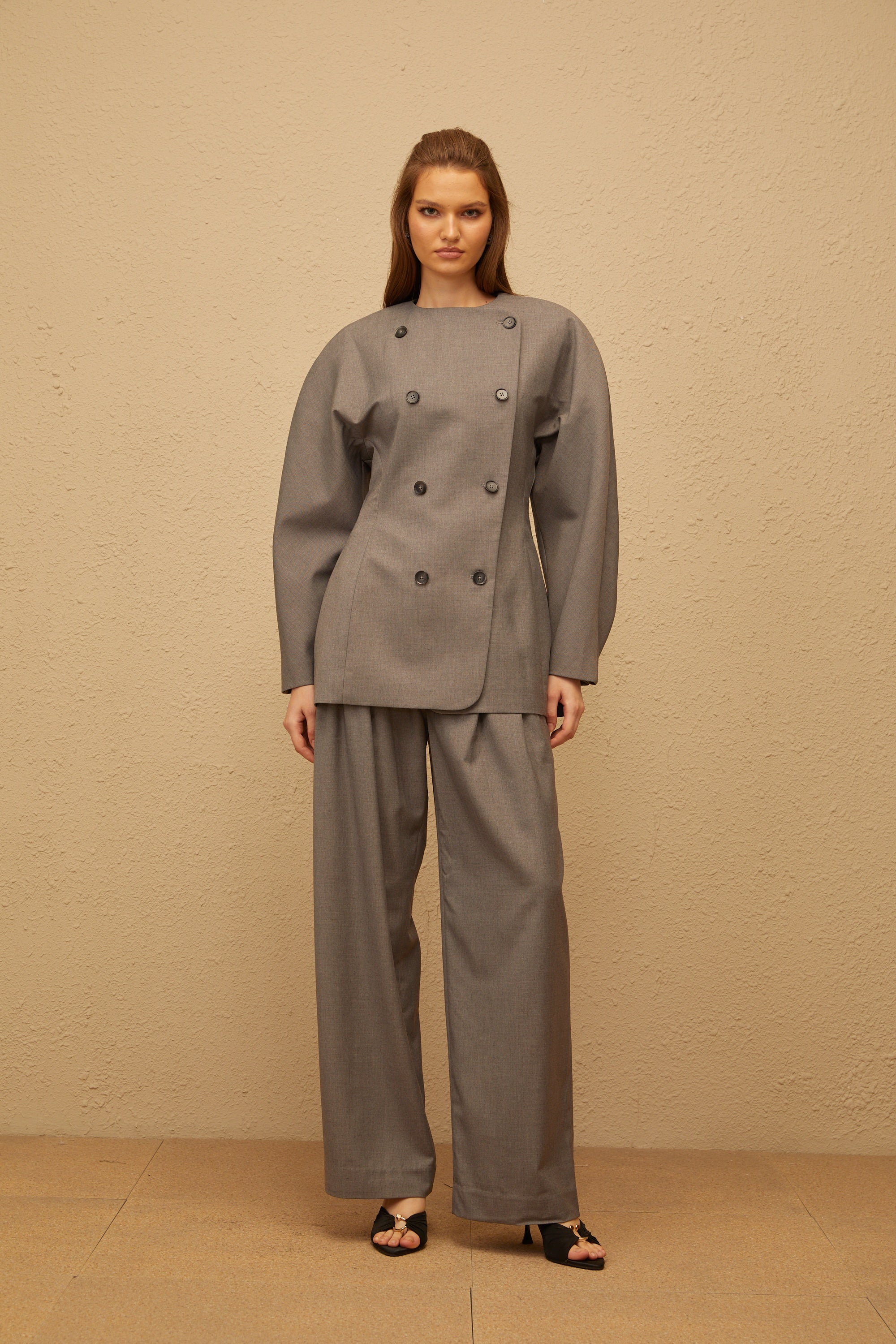 Clémence Grey Double-Breasted Coat & Trousers Set