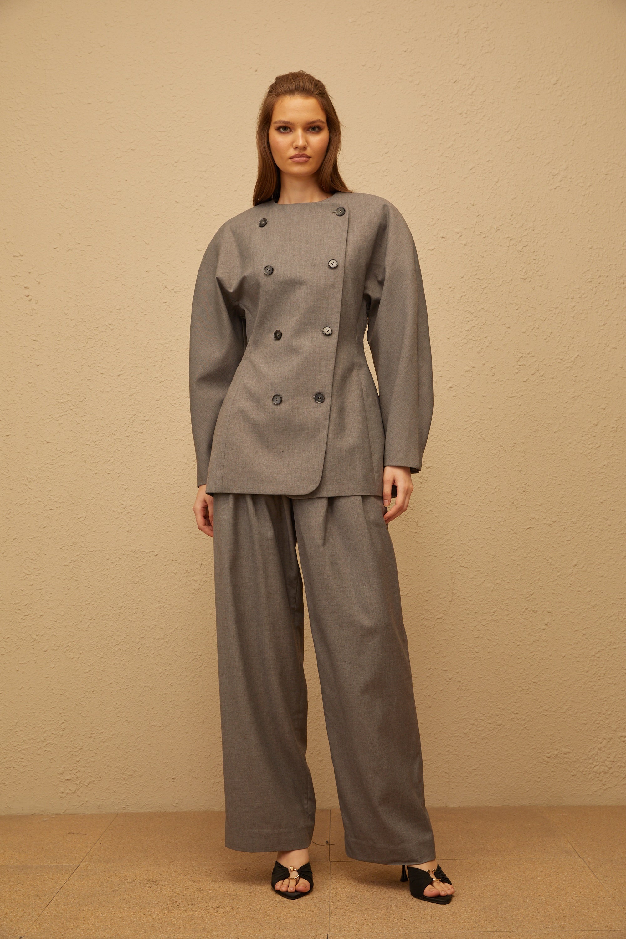Clémence Grey Double-Breasted Coat & Trousers Set