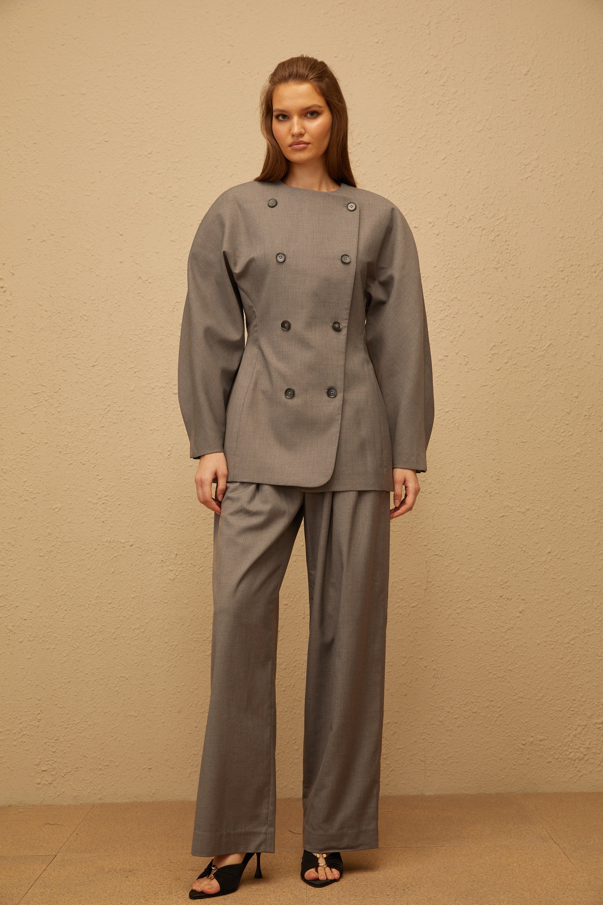 Clémence Grey Double-Breasted Coat & Trousers Set