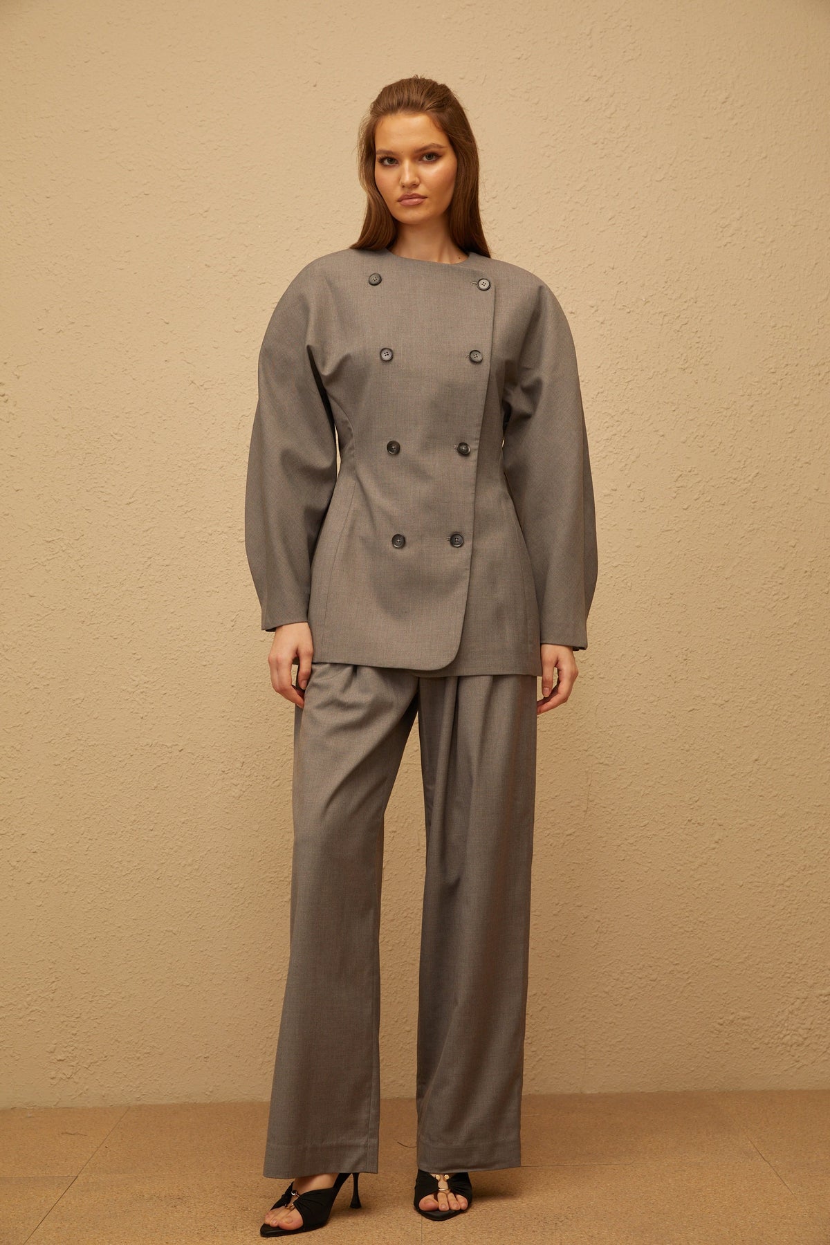 Clémence Grey Double-Breasted Coat & Trousers Set