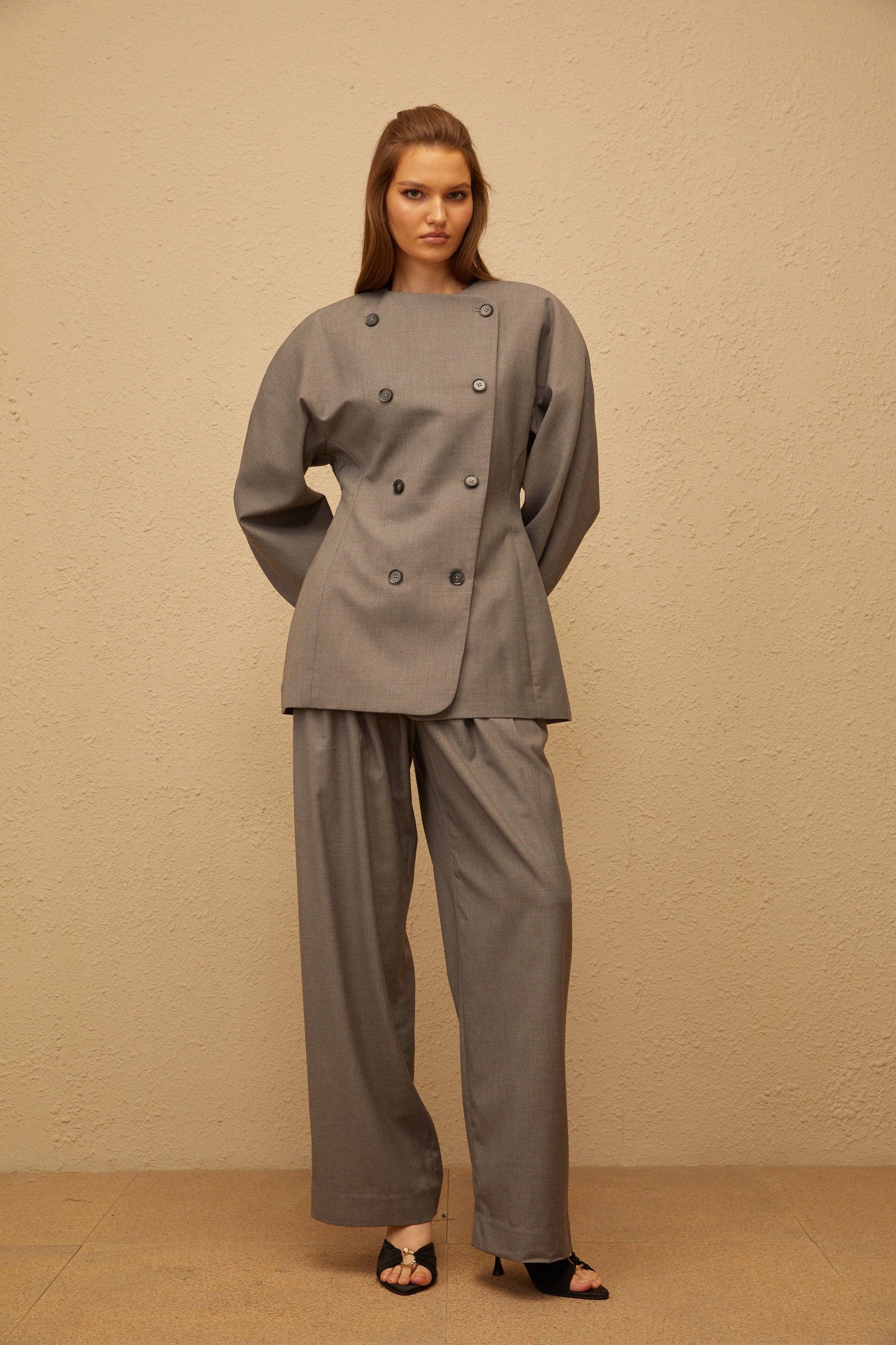 Clémence Grey Double-Breasted Coat & Trousers Set