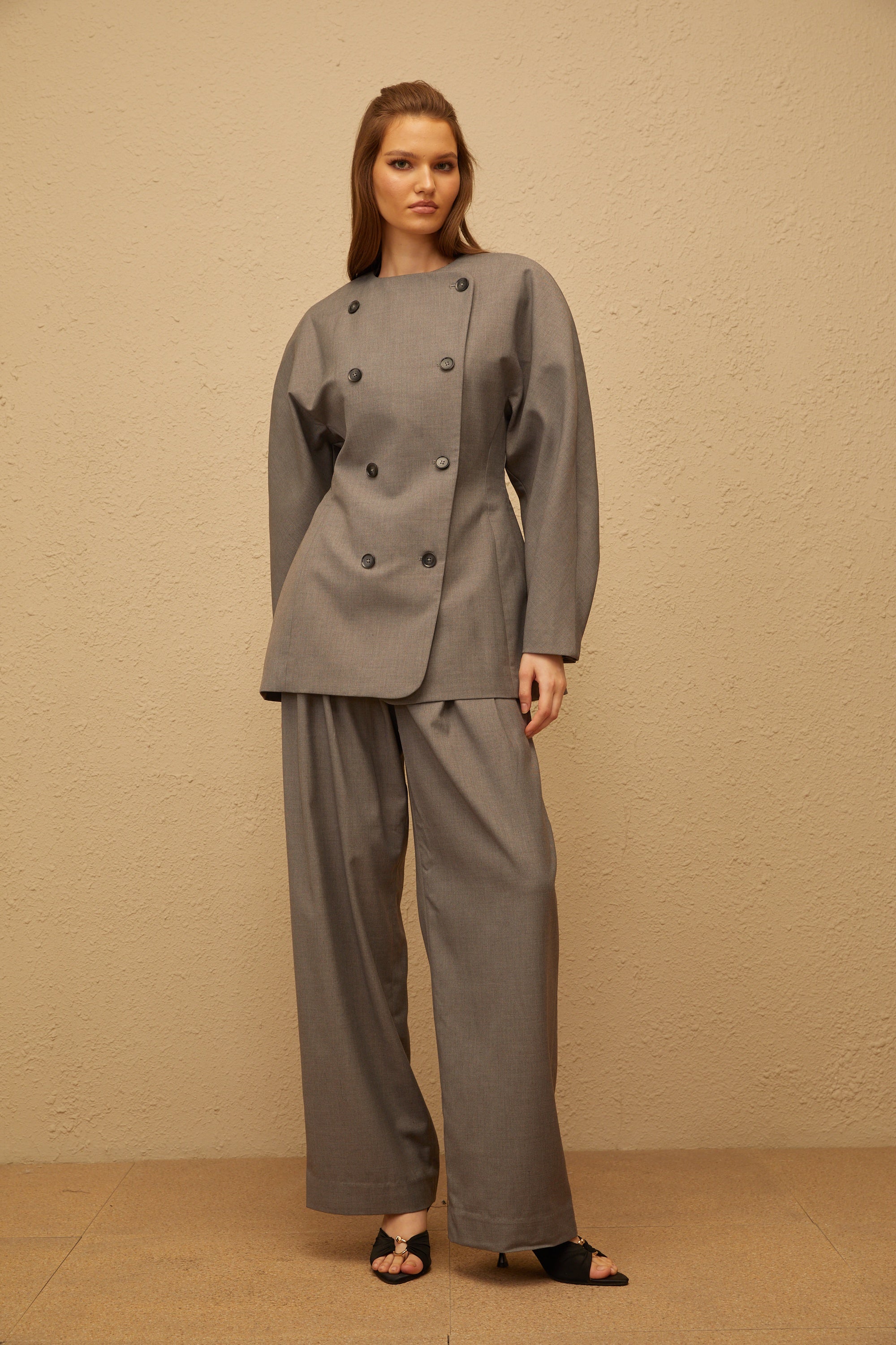 Clémence Grey Double-Breasted Coat & Trousers Set