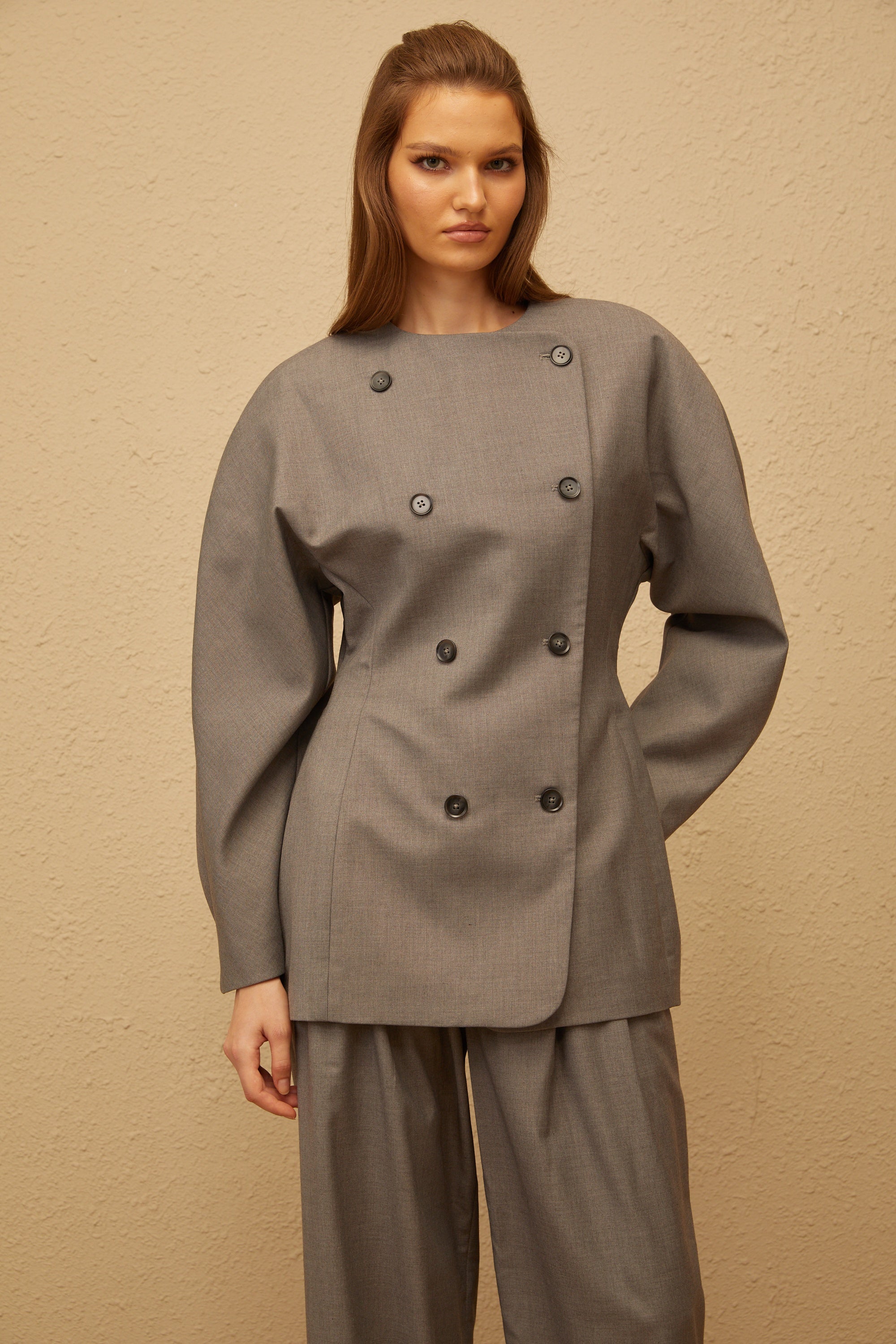 Clémence Grey Double-Breasted Coat & Trousers Set