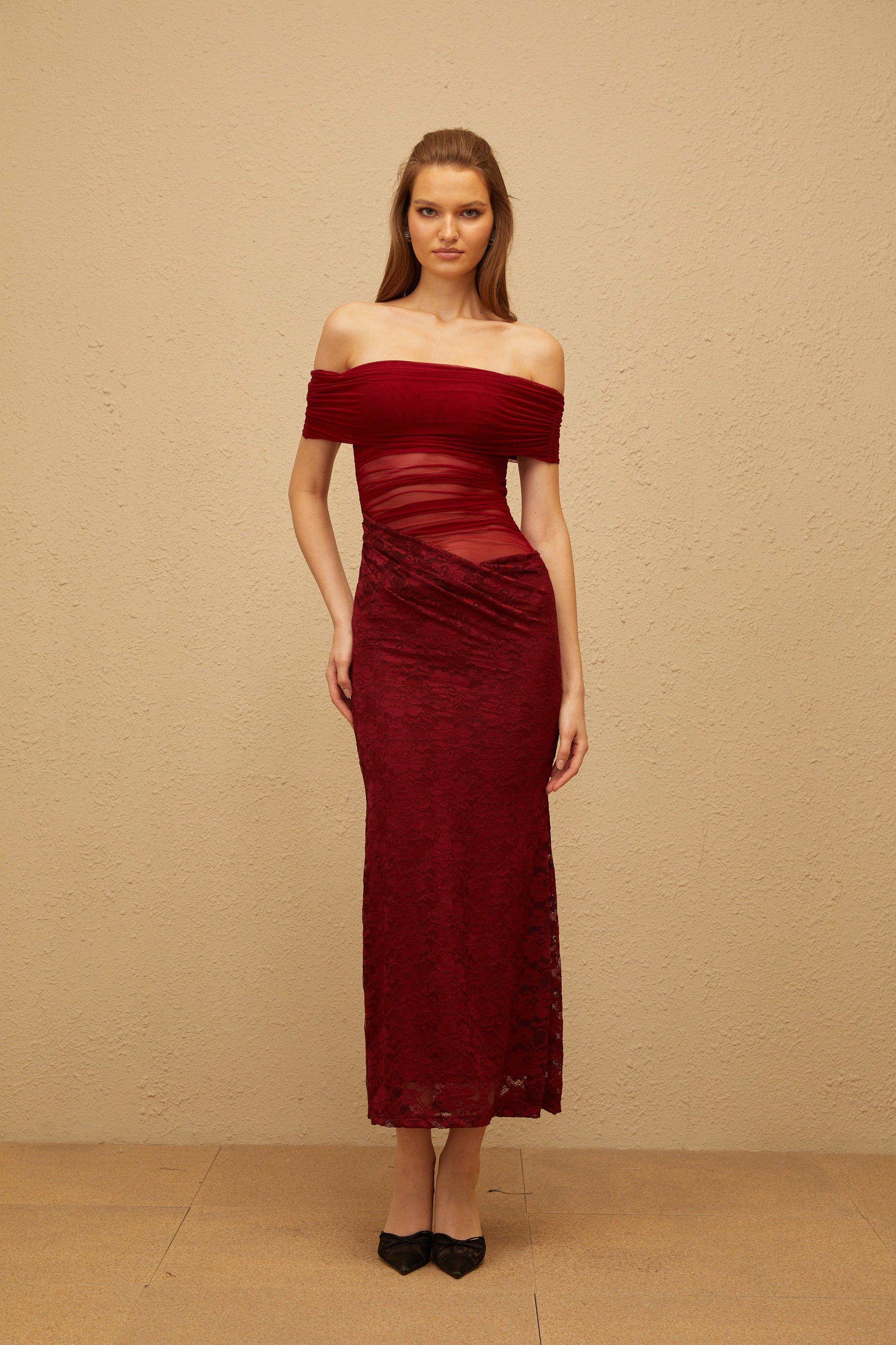 Dianthe Red Lace Panel Mesh Midi Dress