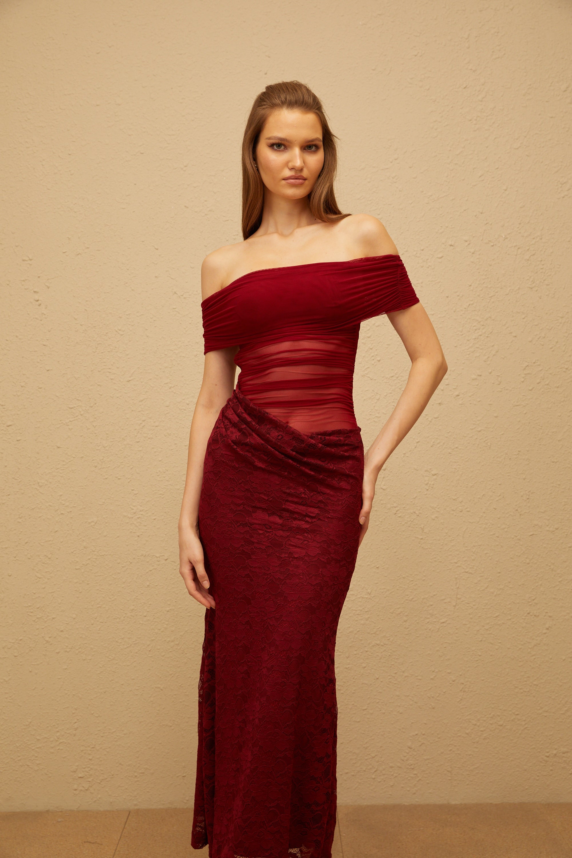 Dianthe Red Lace Panel Mesh Midi Dress