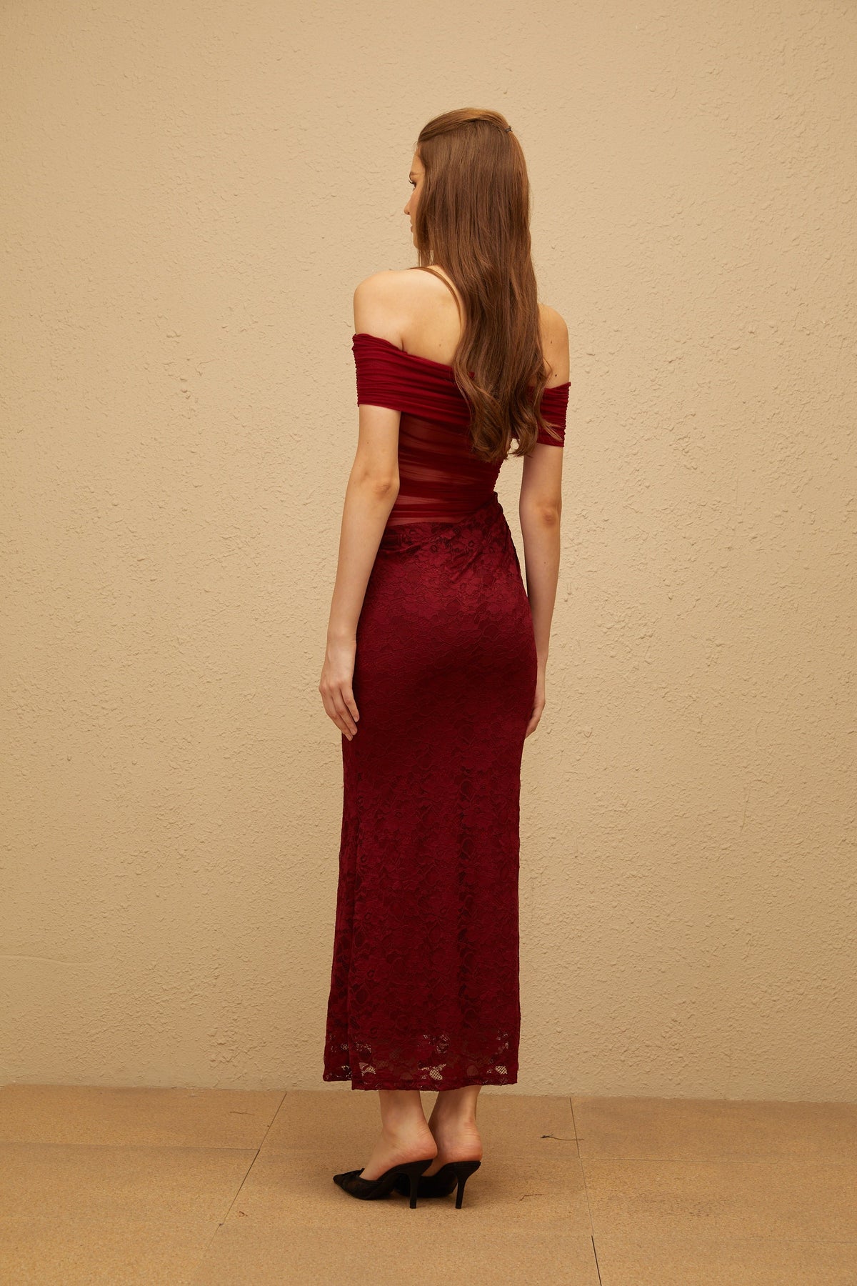 Dianthe Red Lace Panel Mesh Midi Dress